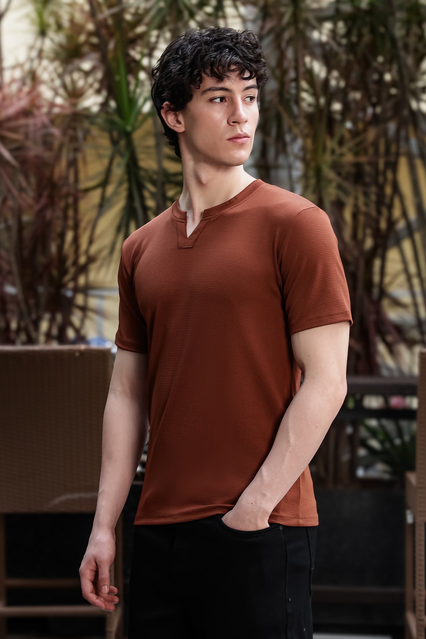 Men's Brown Waffle Knit V-Neck T-Shirt