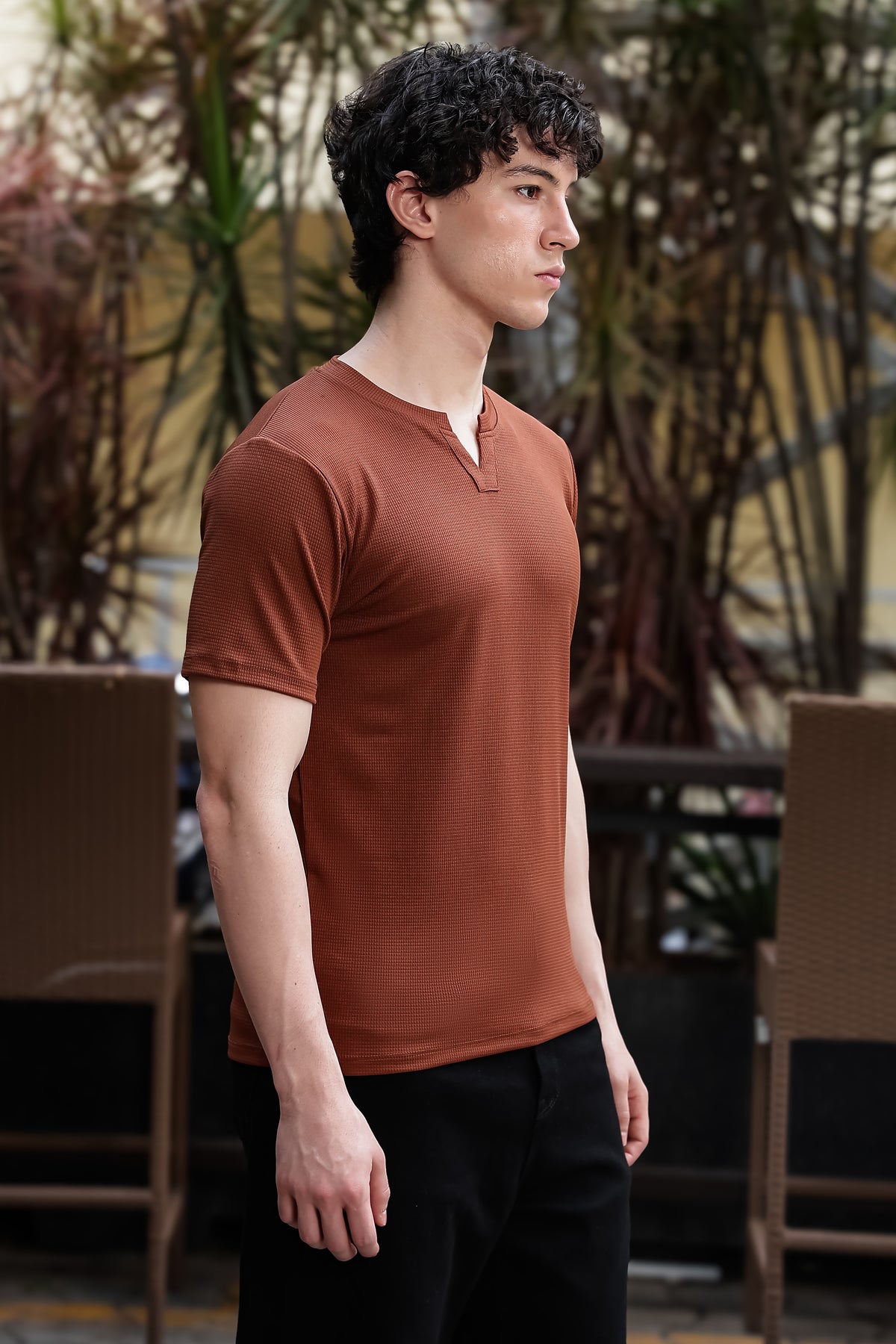 Men's Brown Waffle Knit V-Neck T-Shirt