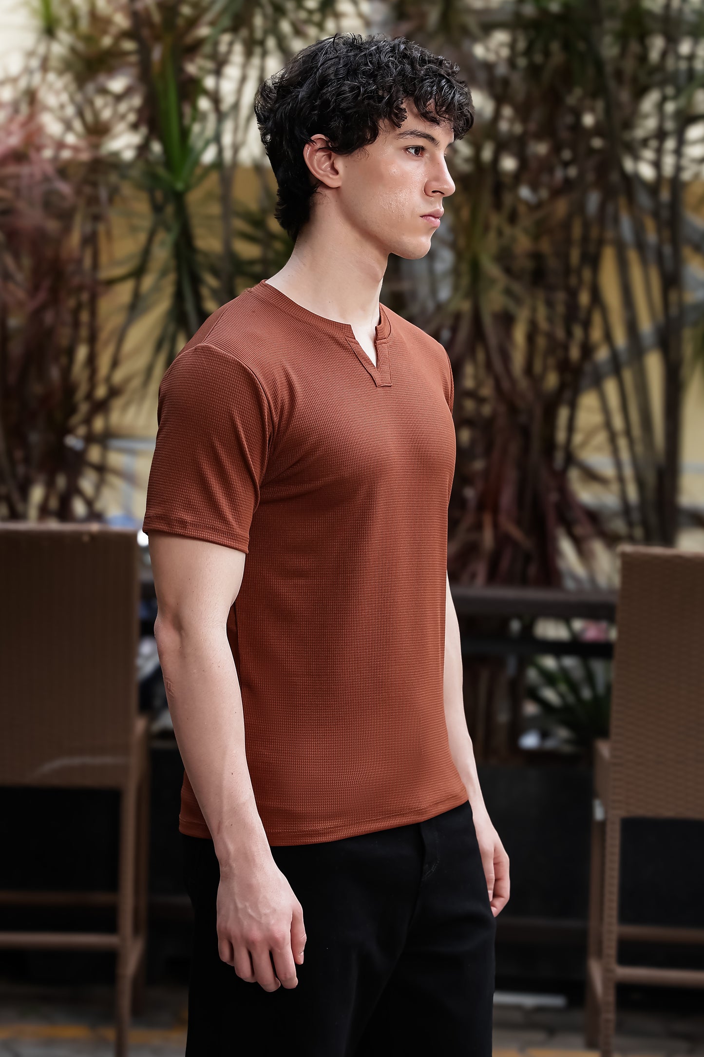 Men's Brown Waffle Knit V-Neck T-Shirt