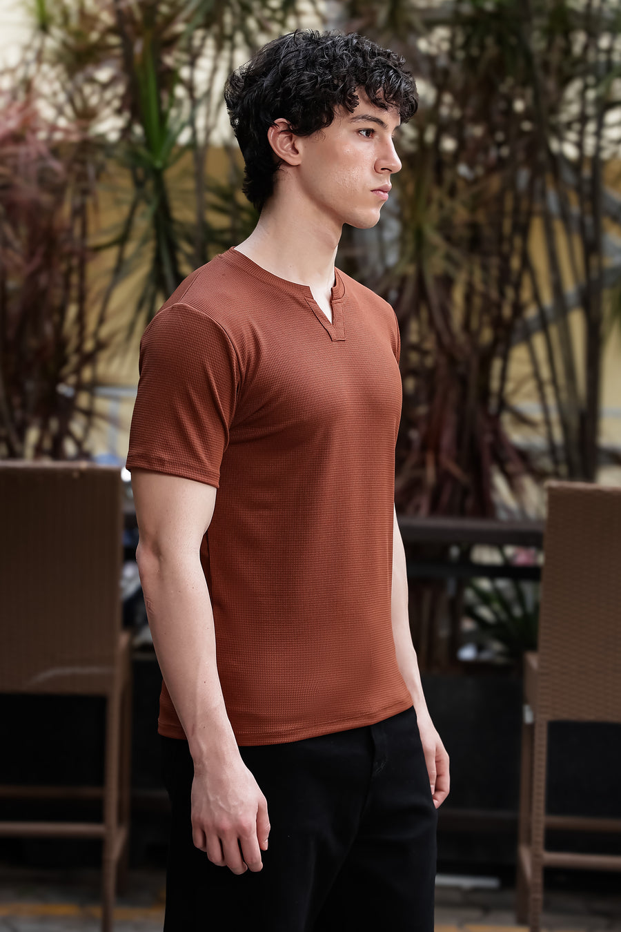 Men's Brown Waffle Knit V-Neck T-Shirt