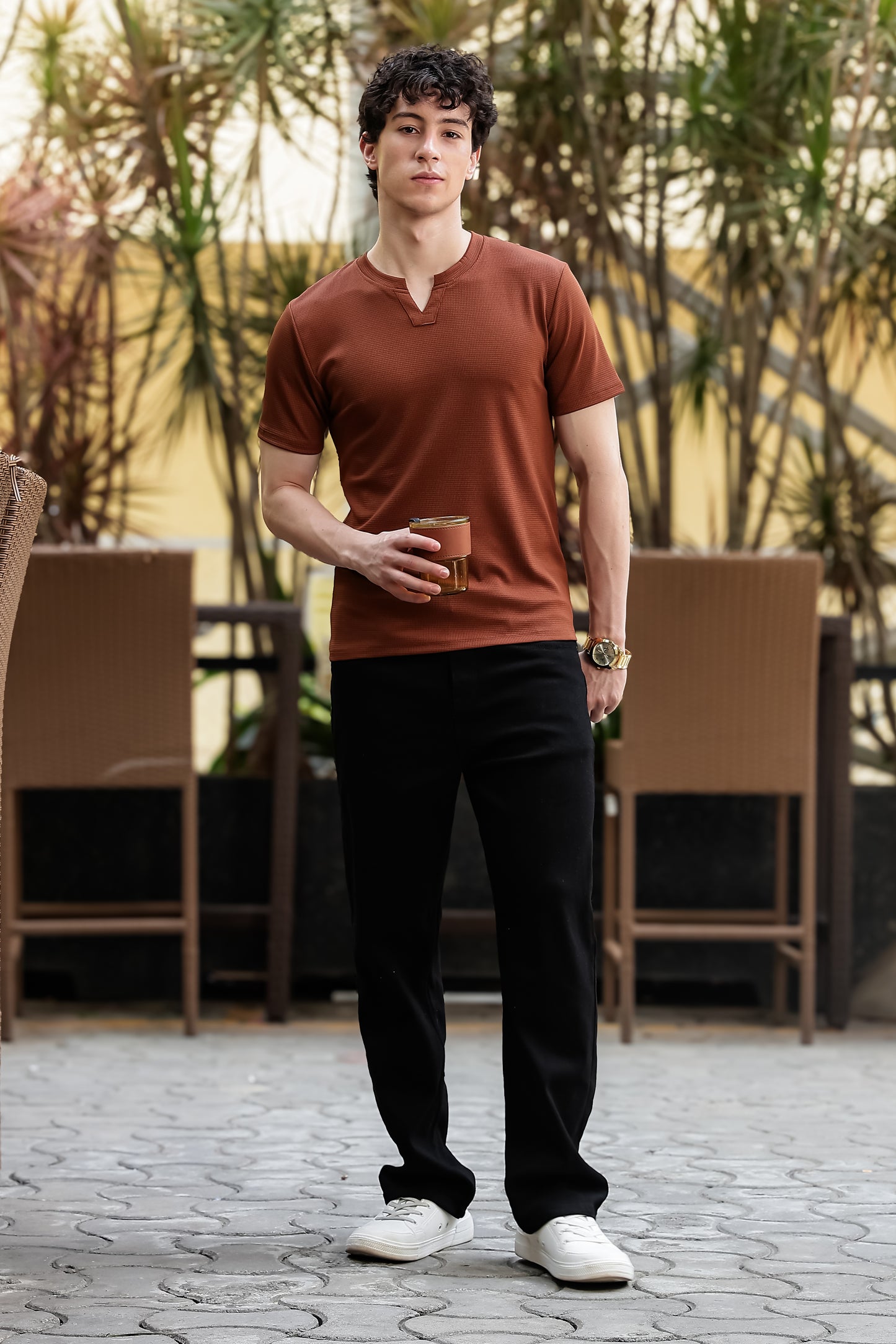 Men's Brown Waffle Knit V-Neck T-Shirt