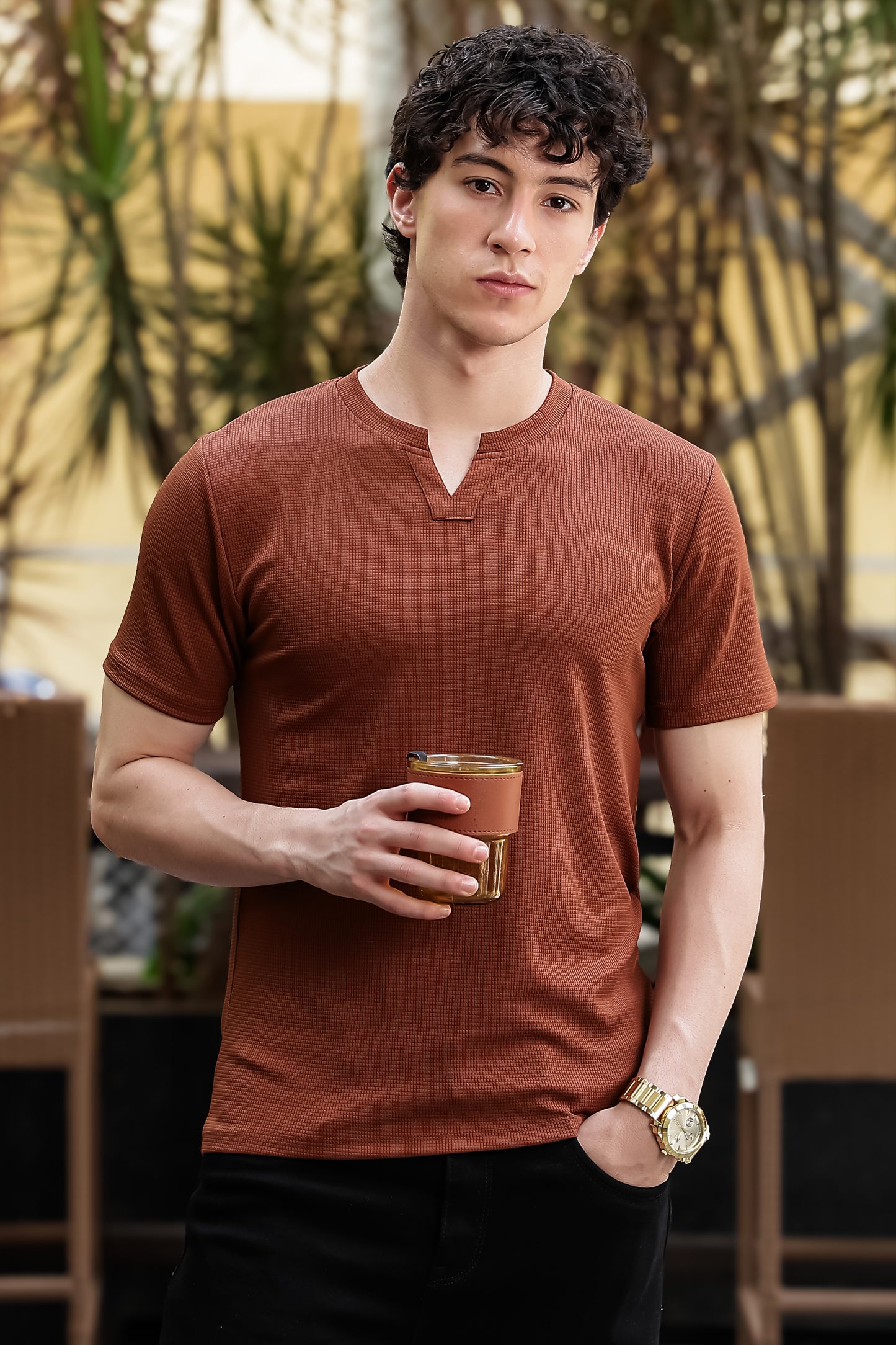 Men's Brown Waffle Knit V-Neck T-Shirt