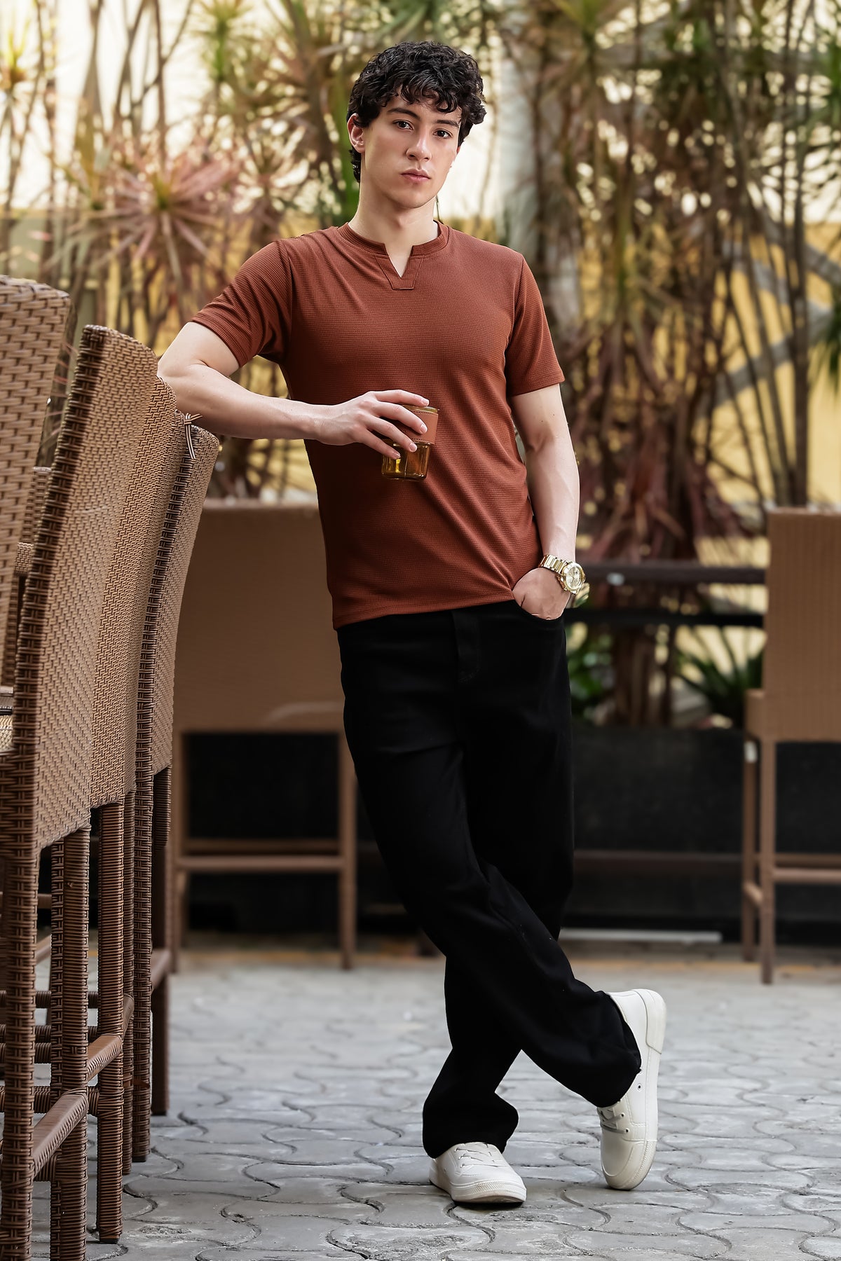 Men's Brown Waffle Knit V-Neck T-Shirt