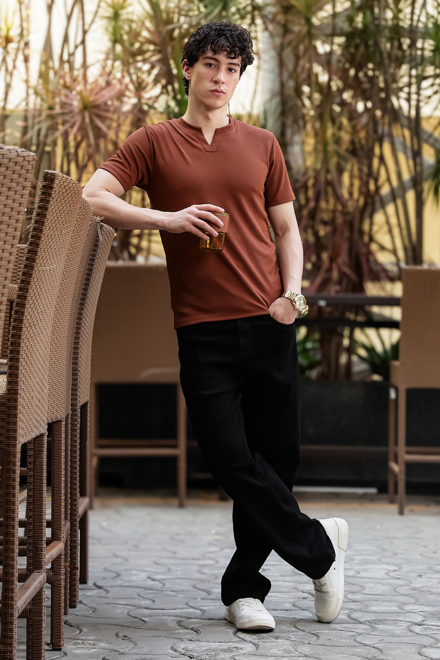 Men's Brown Waffle Knit V-Neck T-Shirt