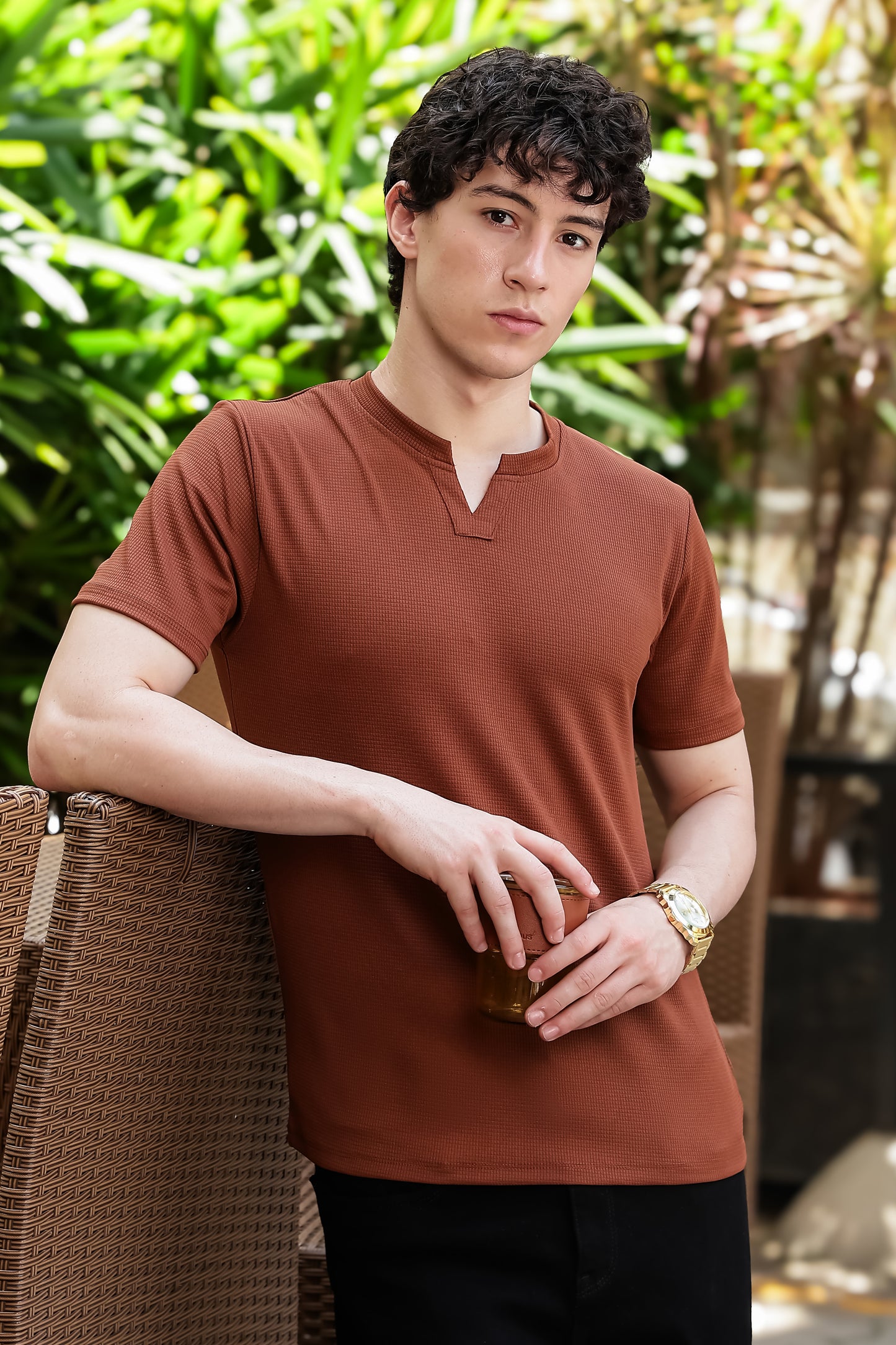 Men's Brown Waffle Knit V-Neck T-Shirt