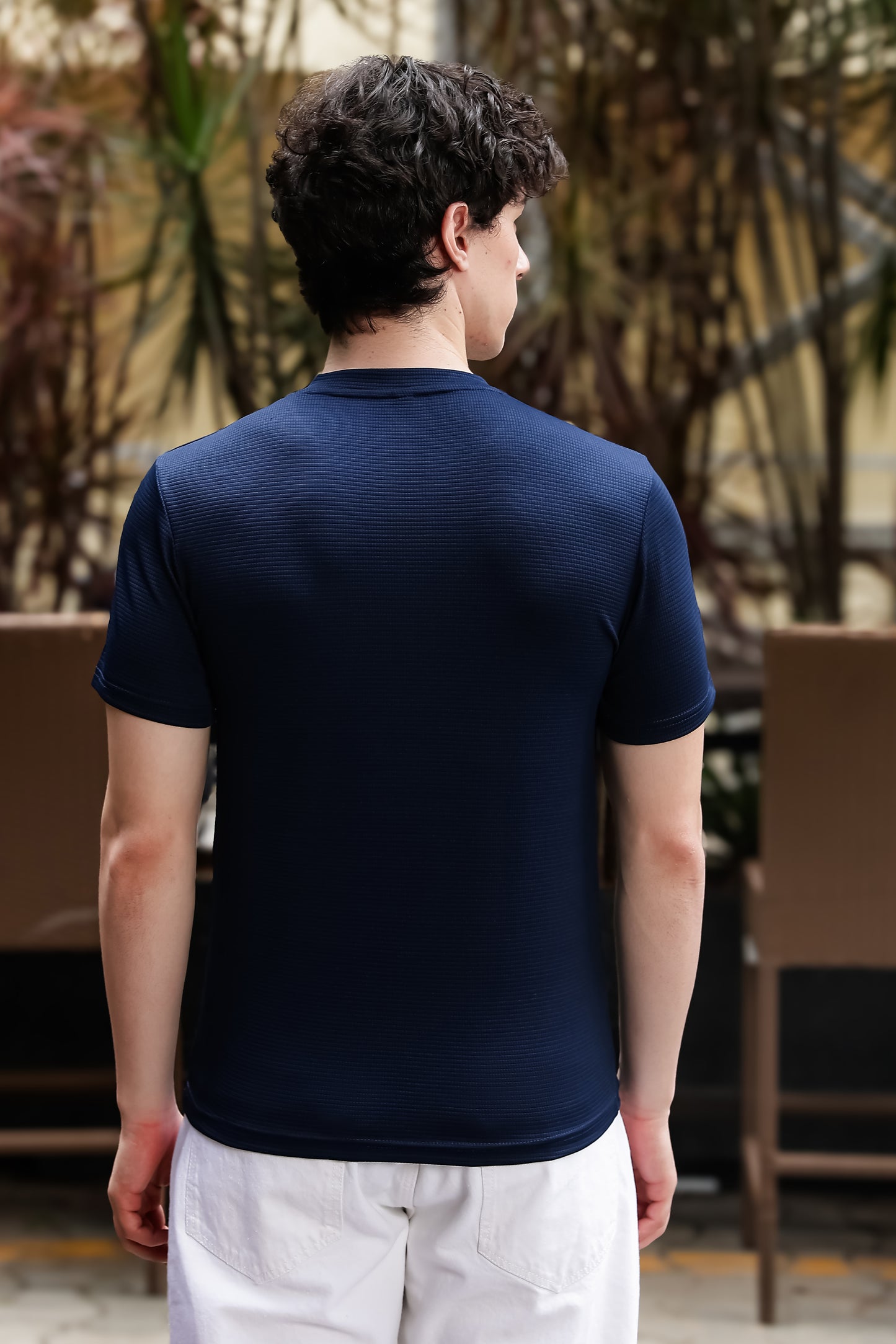 Men's Navy Blue Waffle Knit V-Notch Neck T-Shirt