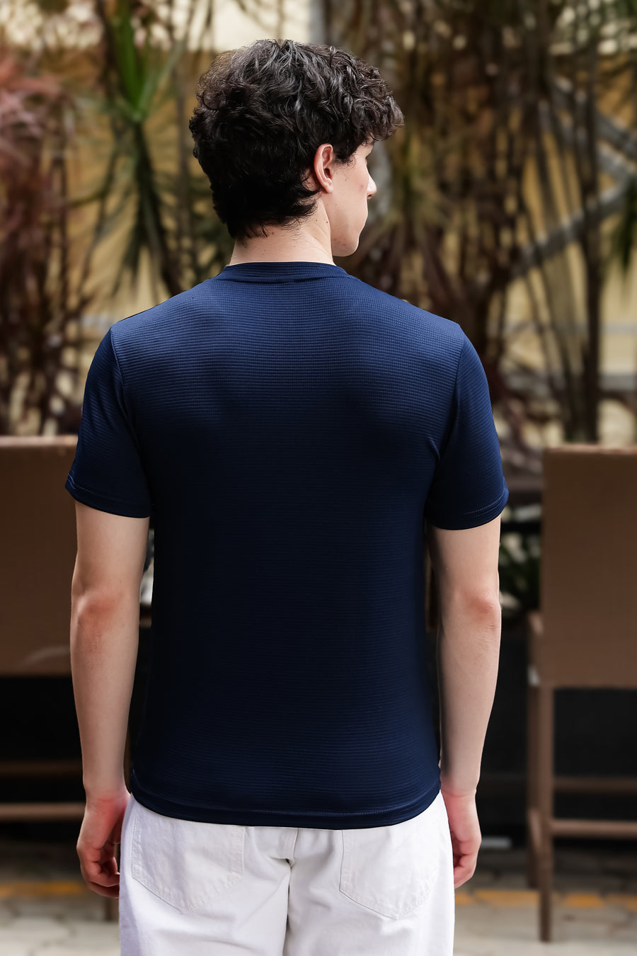 Men's Navy Blue Waffle Knit V-Notch Neck T-Shirt