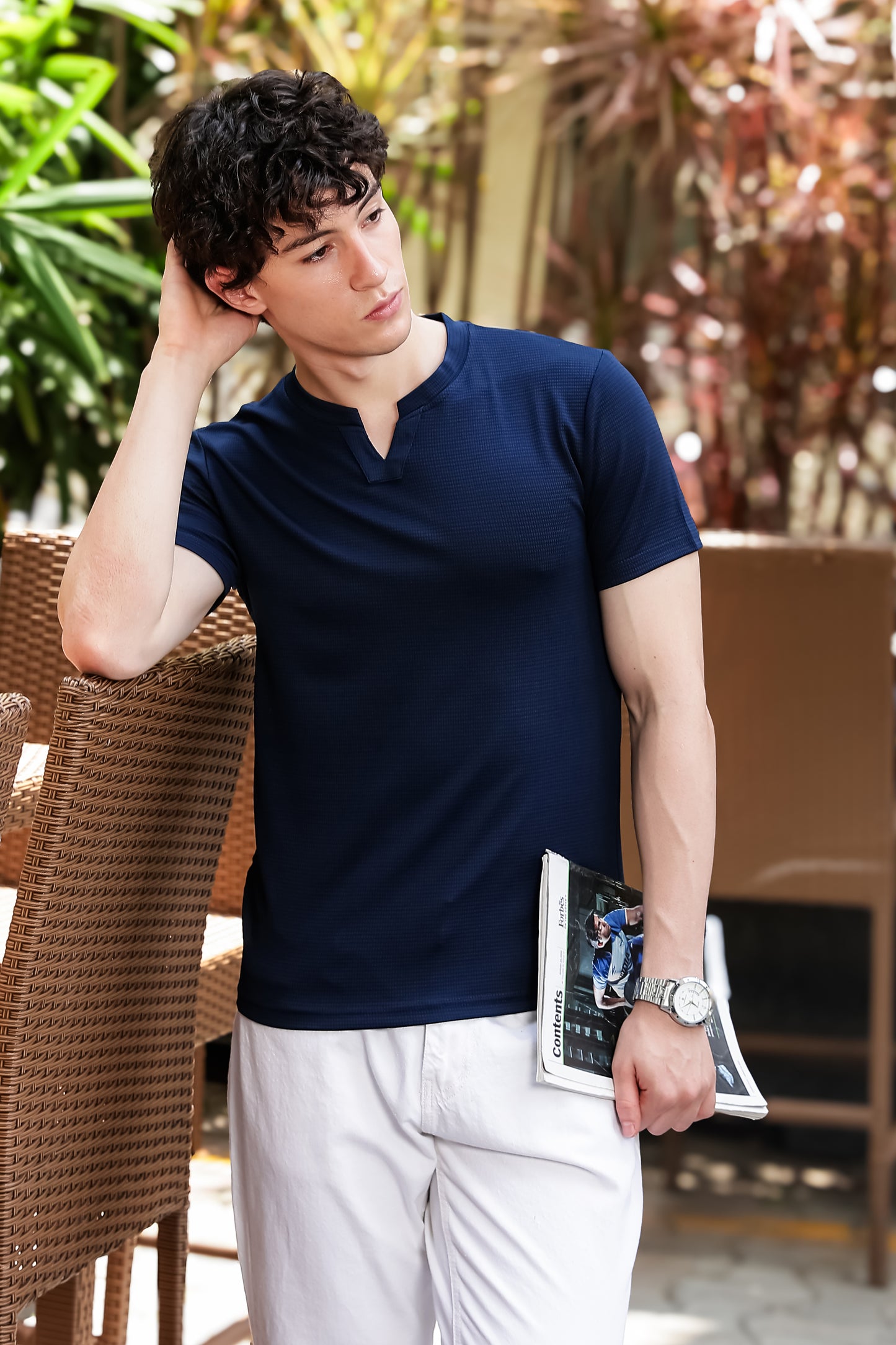Men's Navy Blue Waffle Knit V-Notch Neck T-Shirt