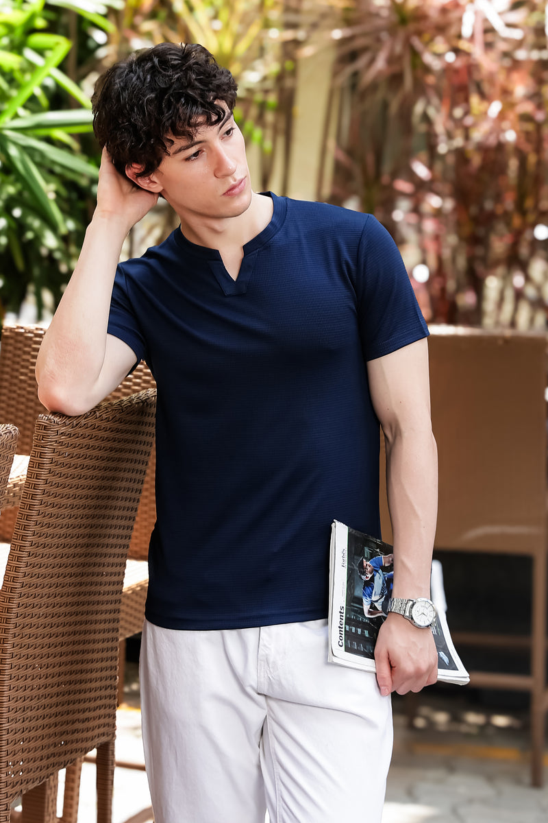 Men's Navy Blue Waffle Knit V-Notch Neck T-Shirt