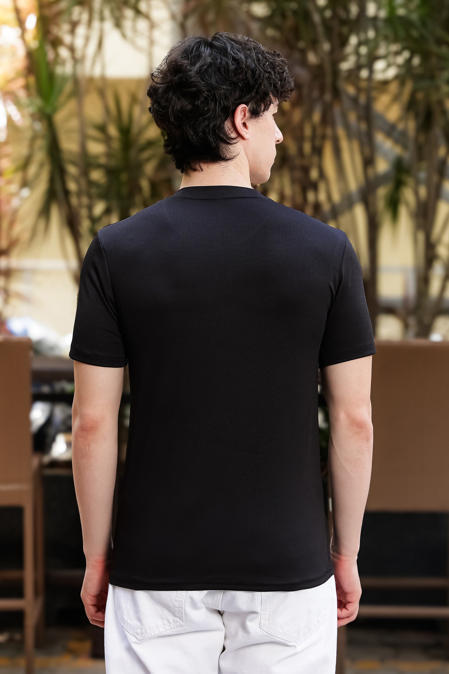 Men's Black Textured V-Neck T-Shirt
