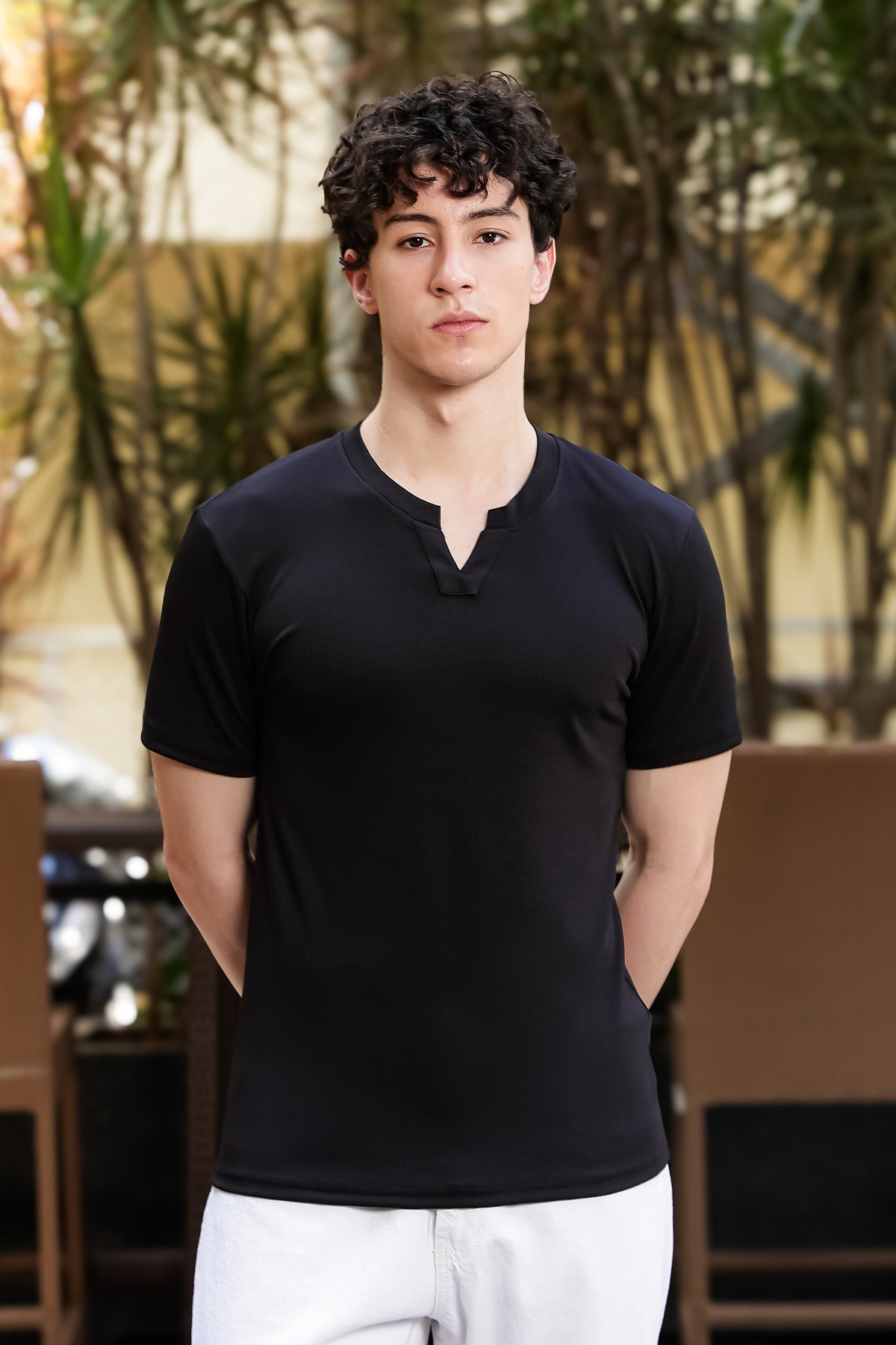Men's Black Textured V-Neck T-Shirt