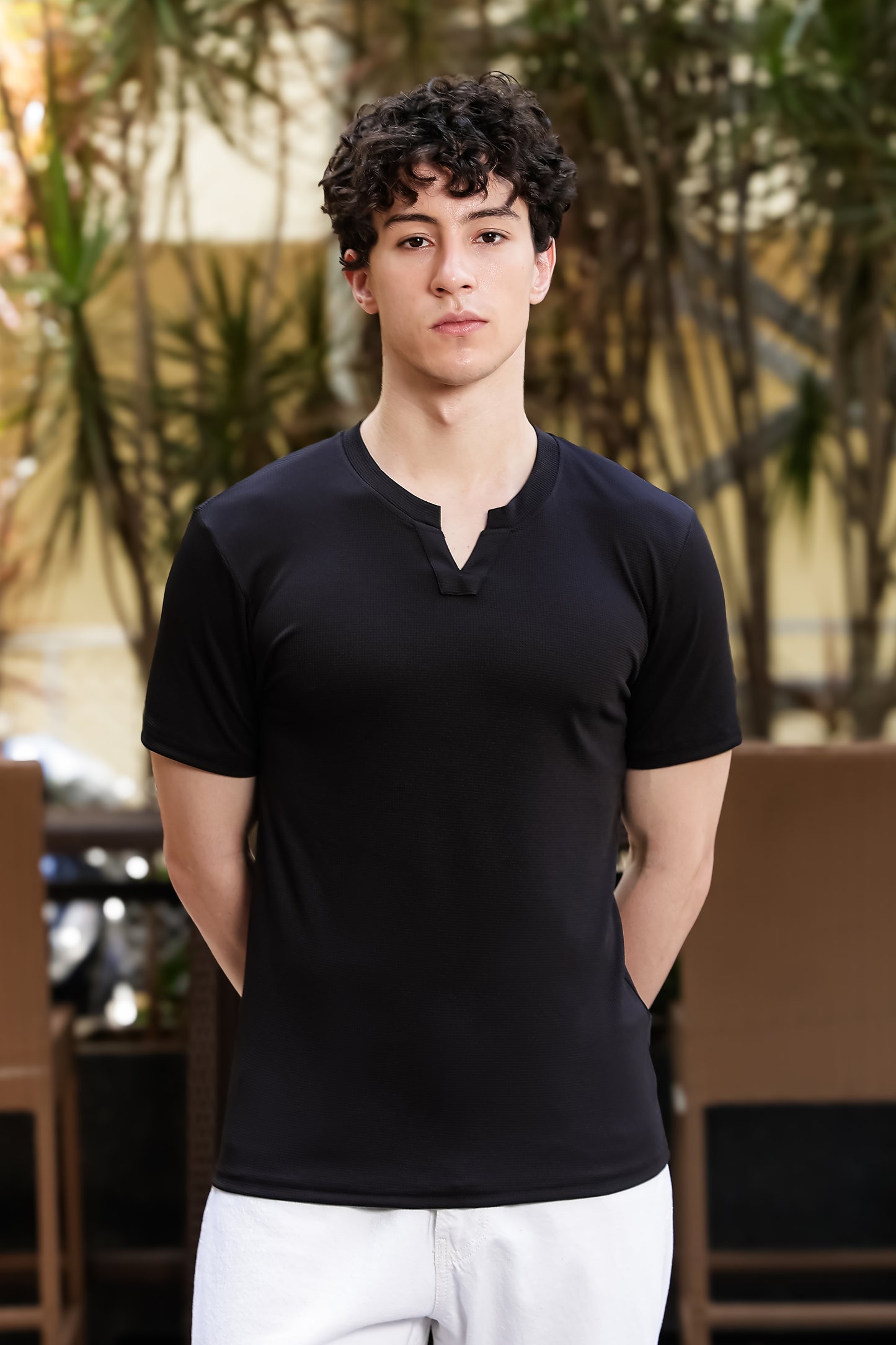 Men's Black Textured V-Neck T-Shirt