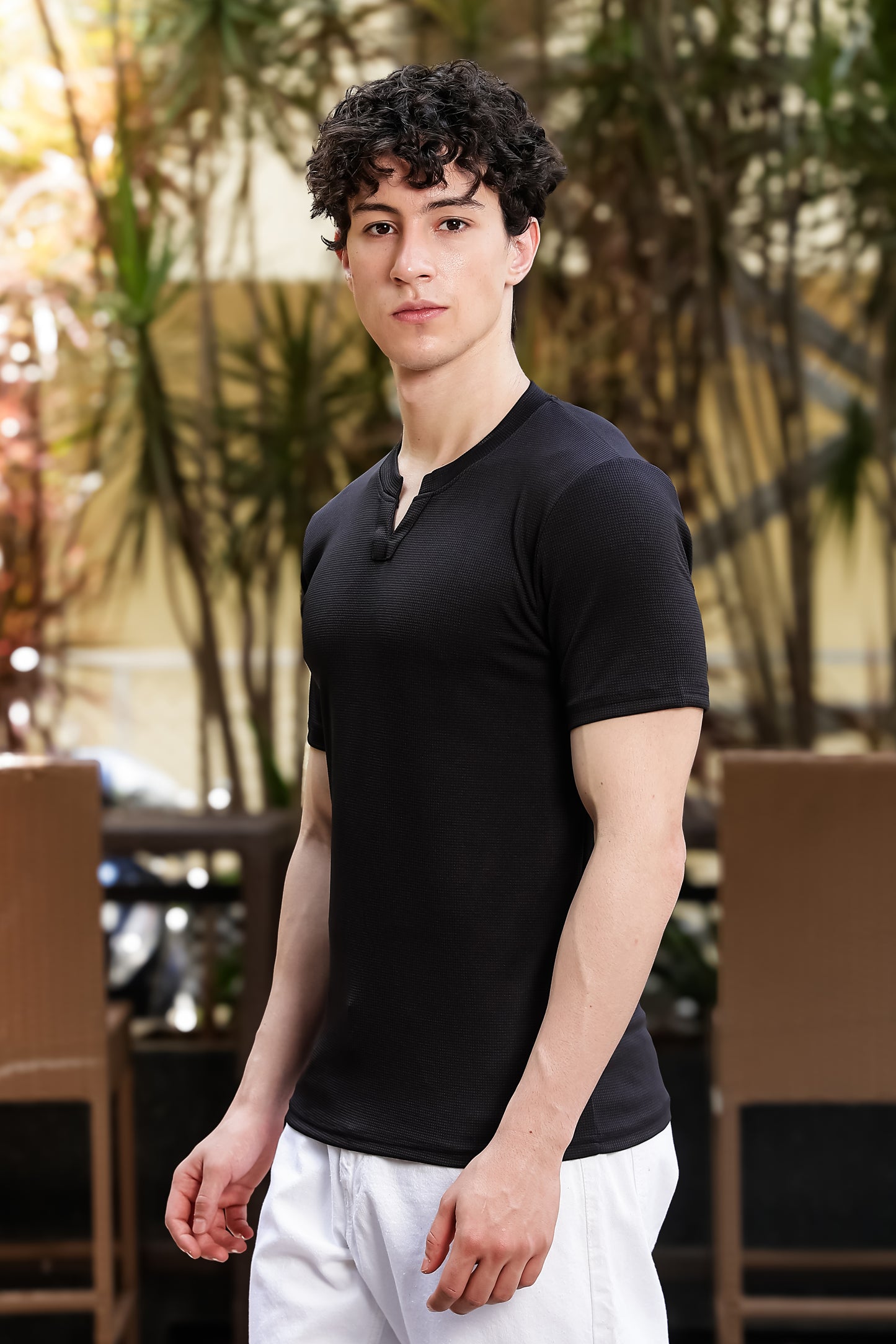 Men's Black Textured V-Neck T-Shirt