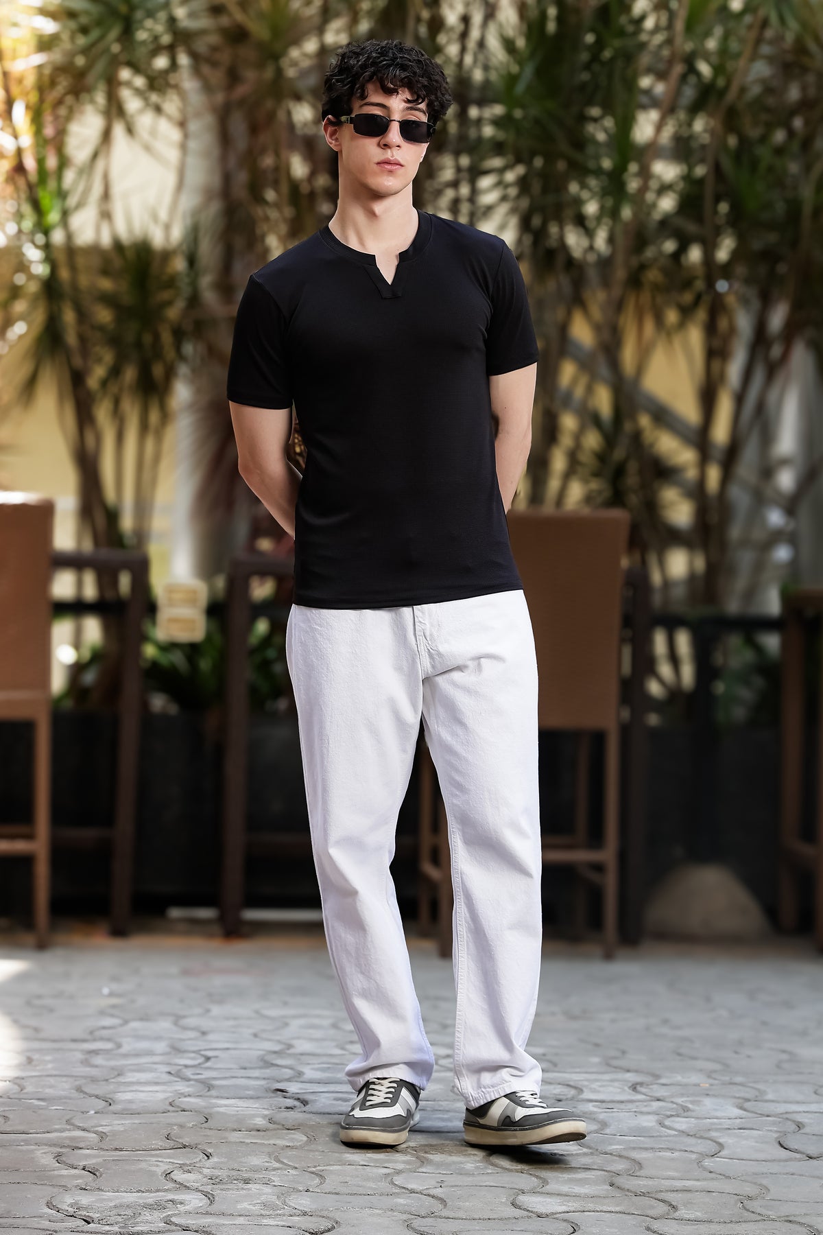 Men's Black Textured V-Neck T-Shirt