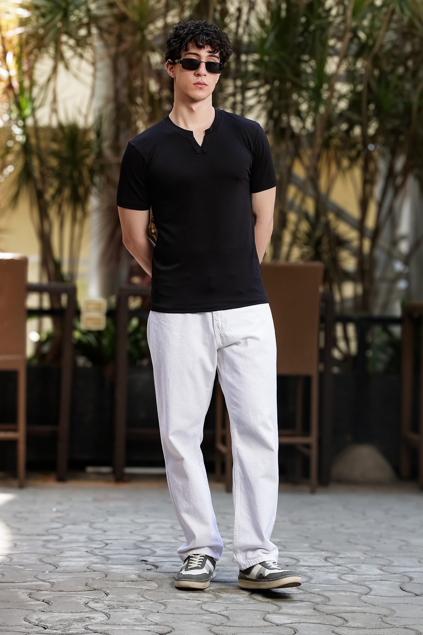 Men's Black Textured V-Neck T-Shirt
