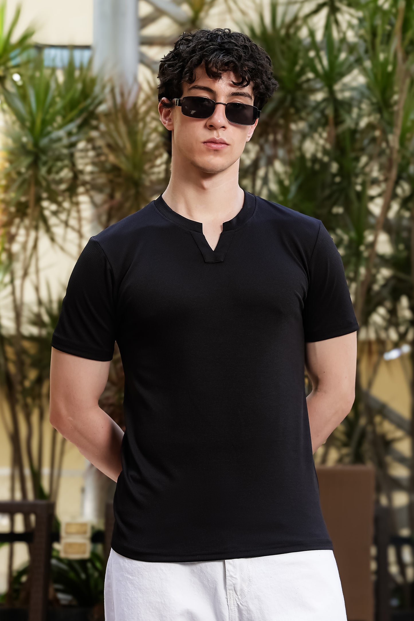 Men's Black Textured V-Neck T-Shirt