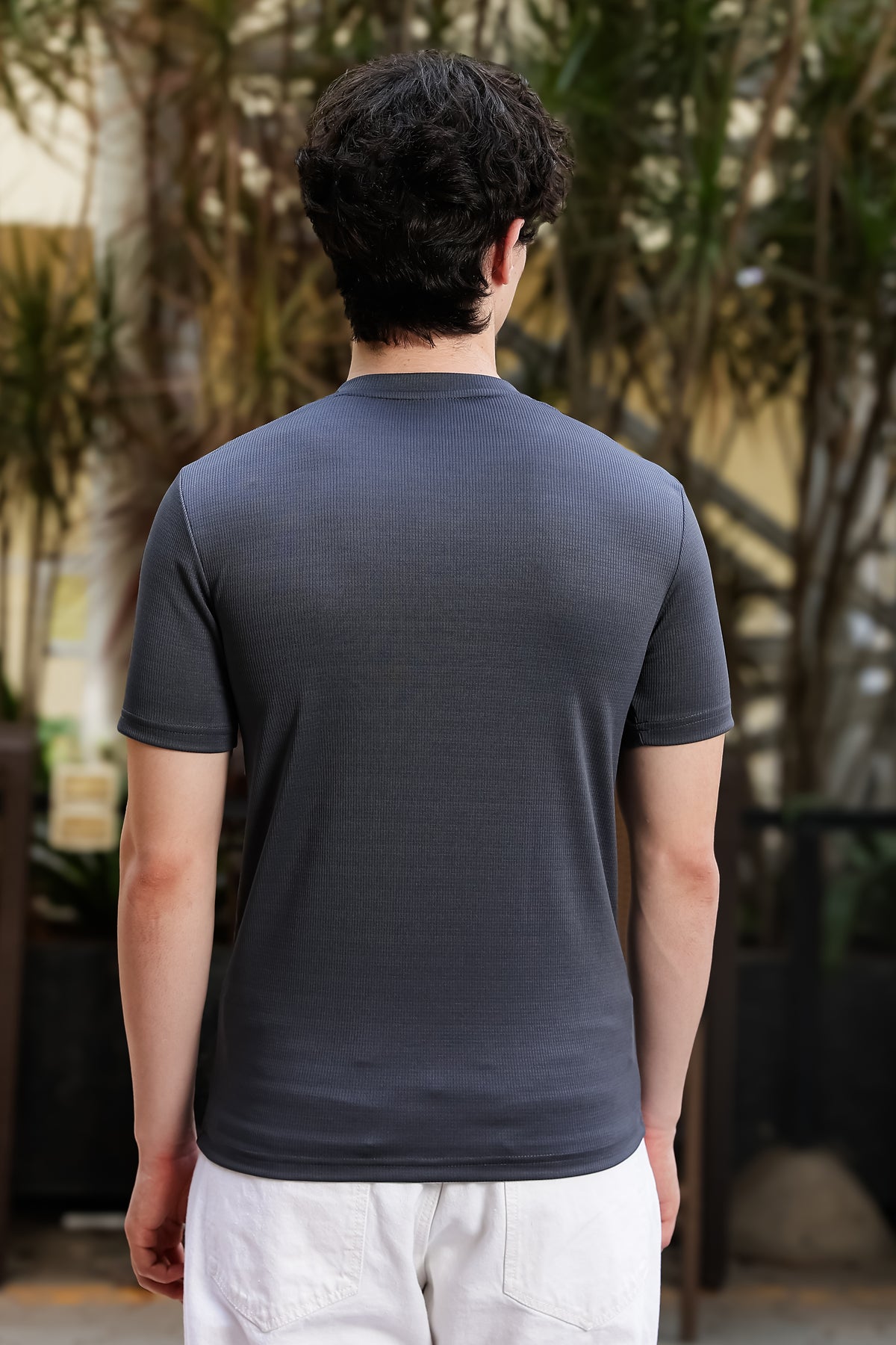 Men's Grey Waffle Knit V-Notch Neck T-Shirt