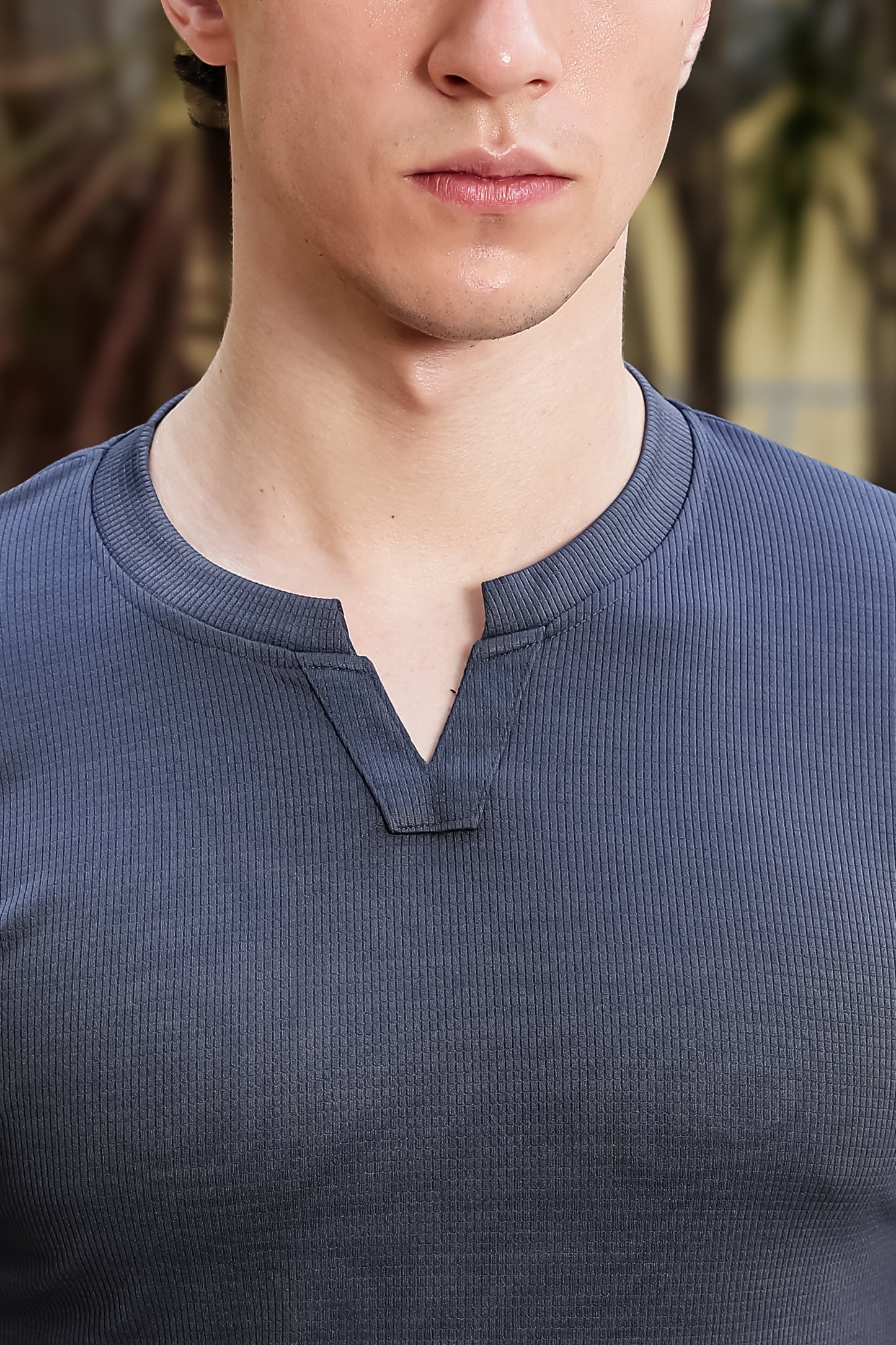 Men's Grey Waffle Knit V-Notch Neck T-Shirt