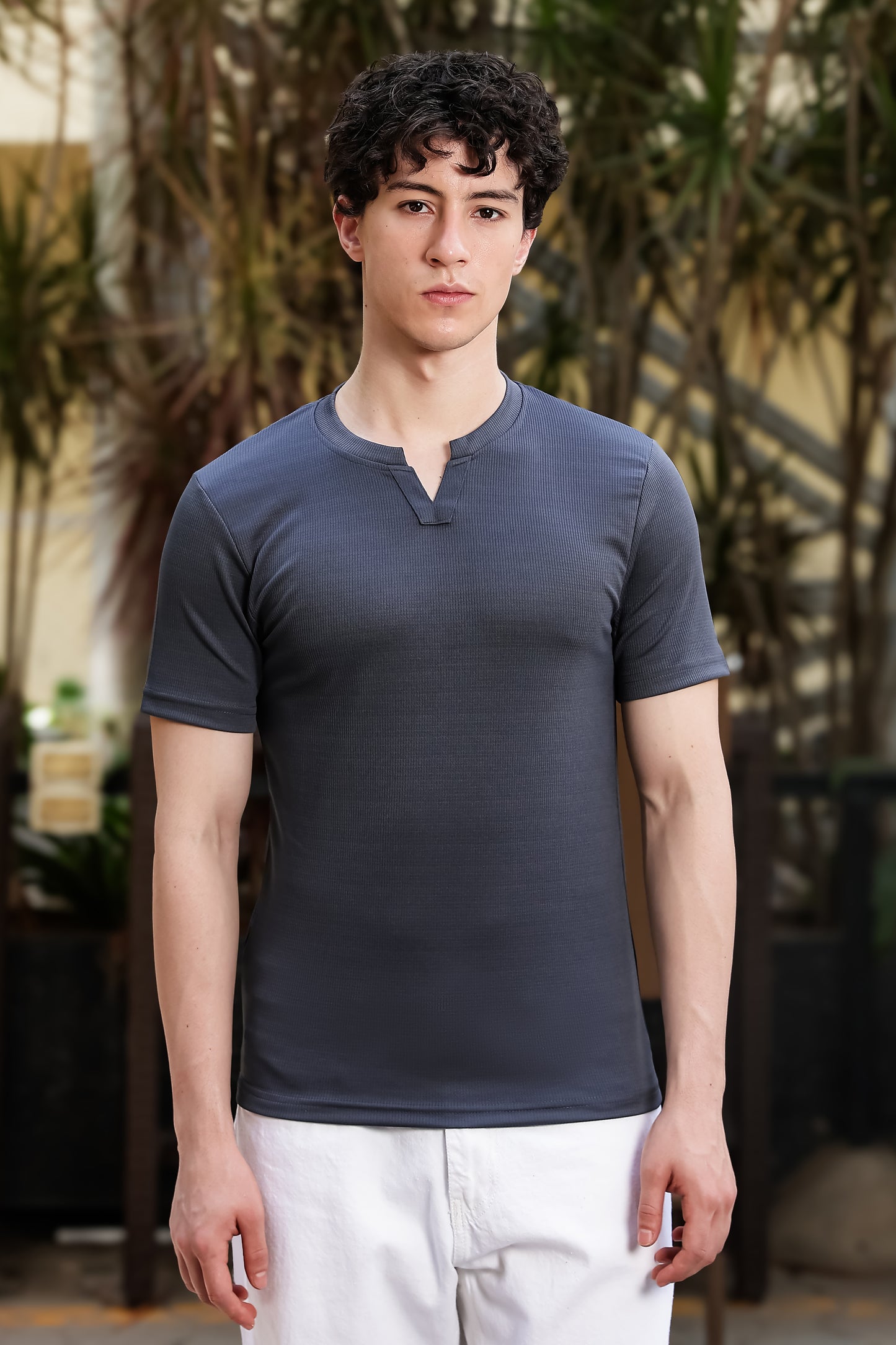 Men's Grey Waffle Knit V-Notch Neck T-Shirt