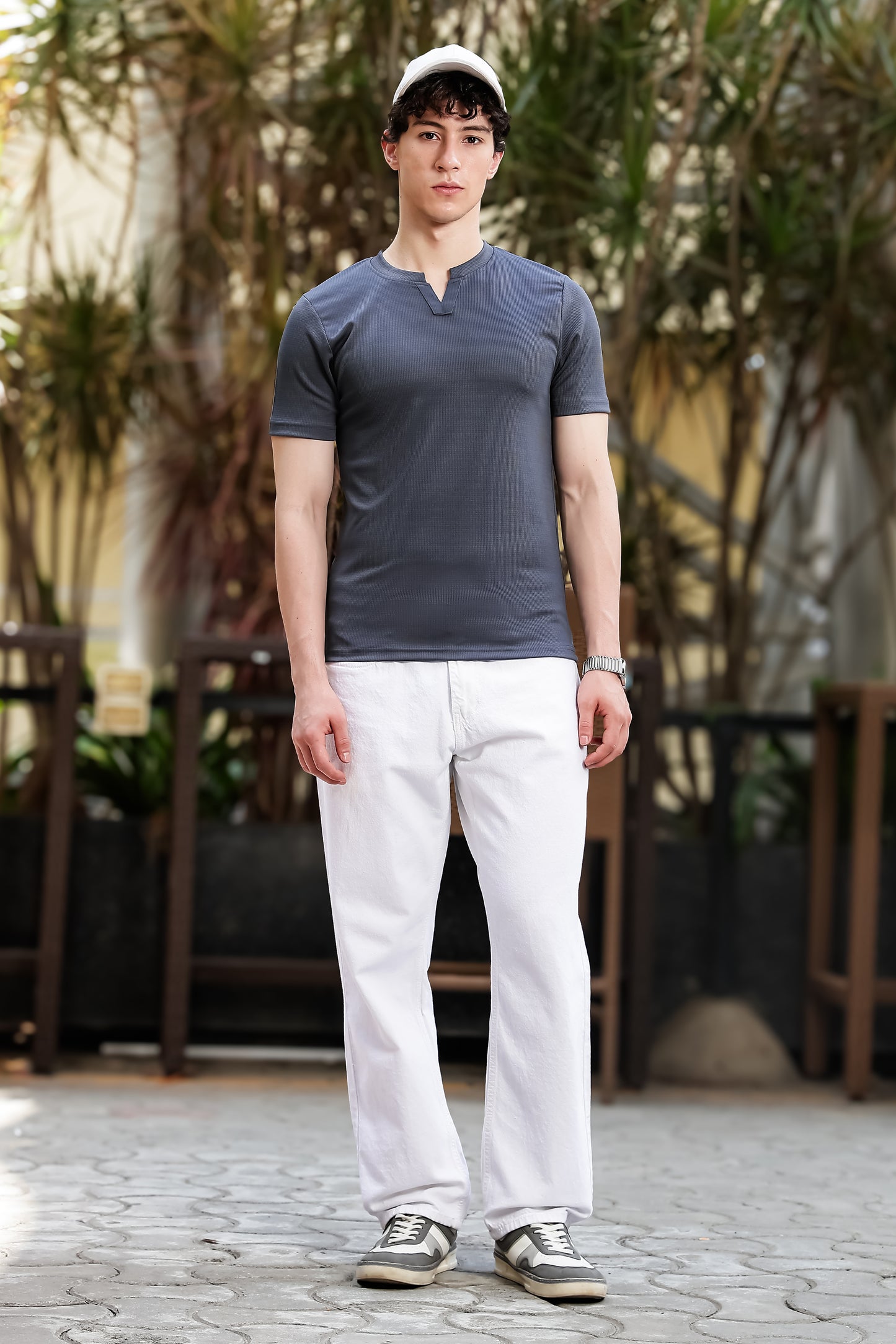 Men's Grey Waffle Knit V-Notch Neck T-Shirt