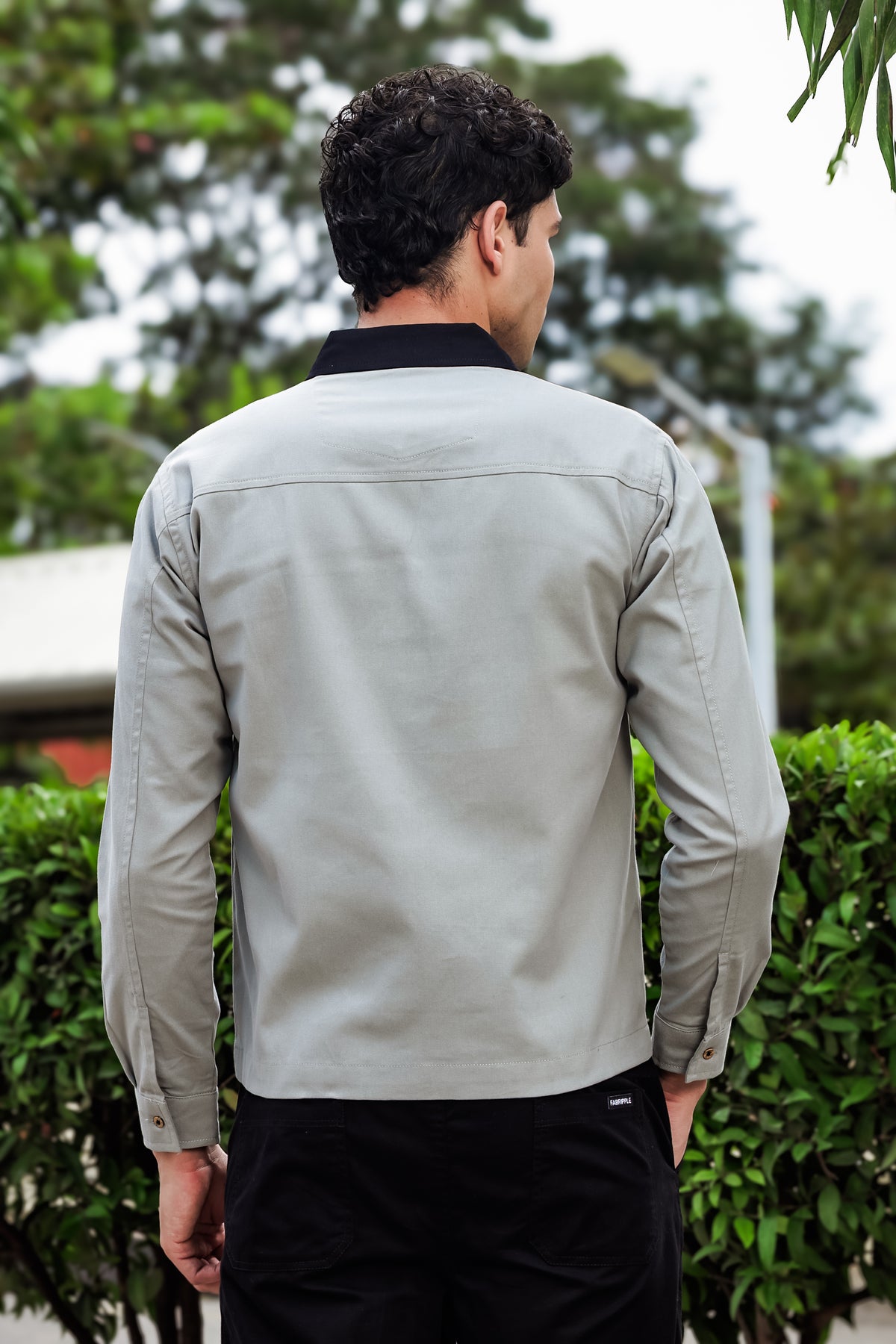 Men's Light Grey Full Sleeve Zip-Up Jacket Shirt – Black Contrast Collar
