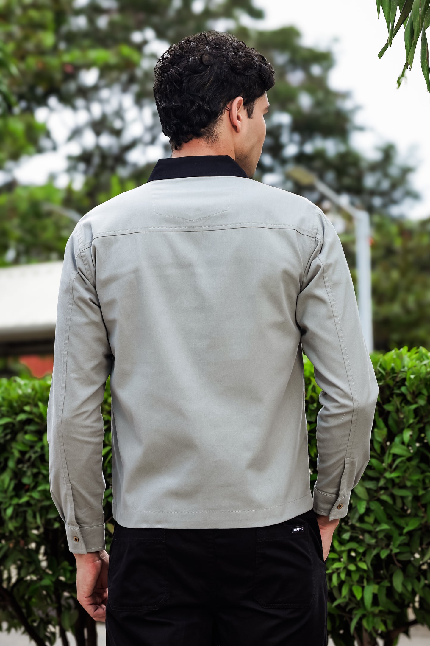 Men's Light Grey Full Sleeve Zip-Up Jacket Shirt – Black Contrast Collar