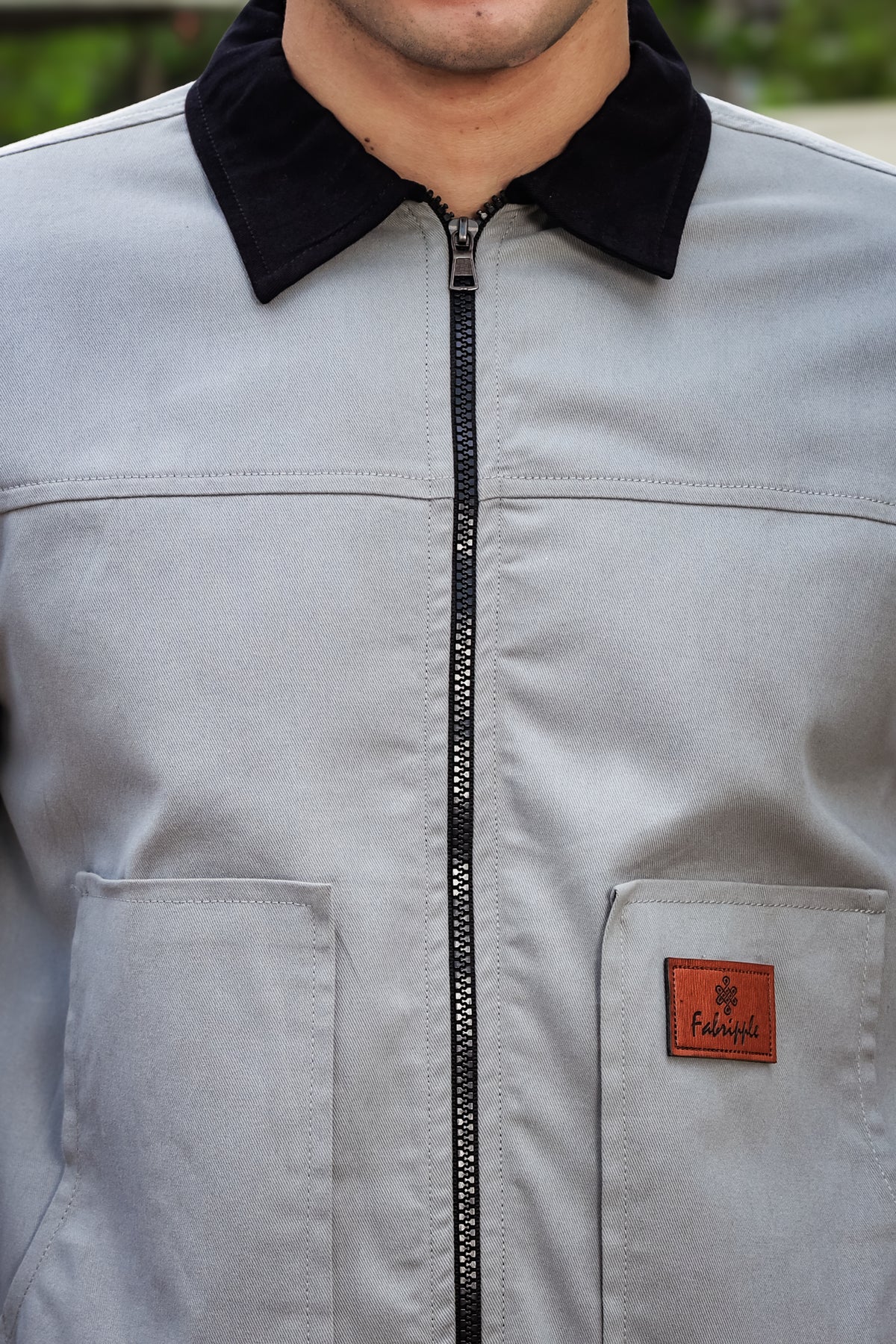 Men's Light Grey Full Sleeve Zip-Up Jacket Shirt – Black Contrast Collar