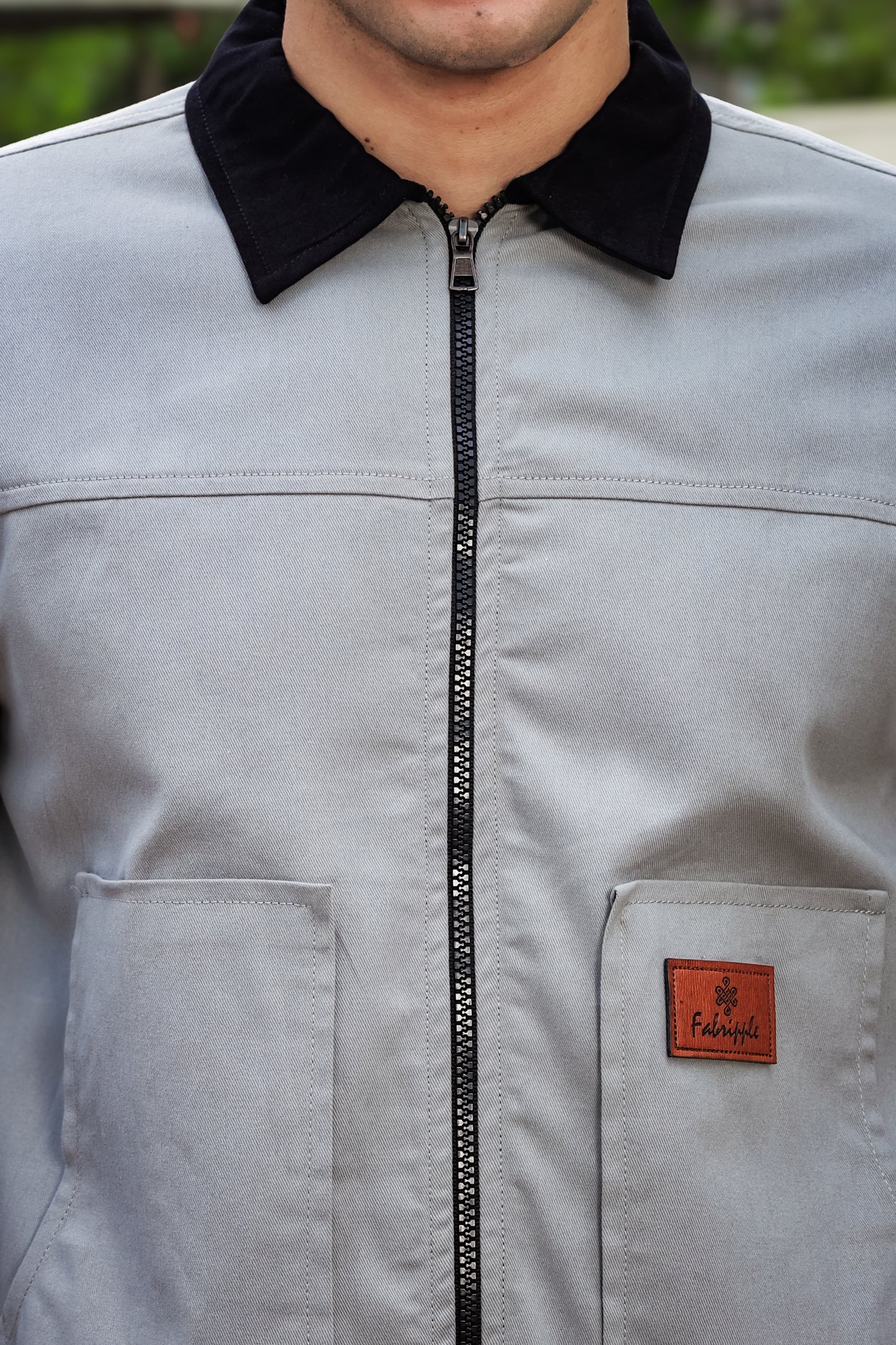 Men's Light Grey Full Sleeve Zip-Up Jacket Shirt – Black Contrast Collar