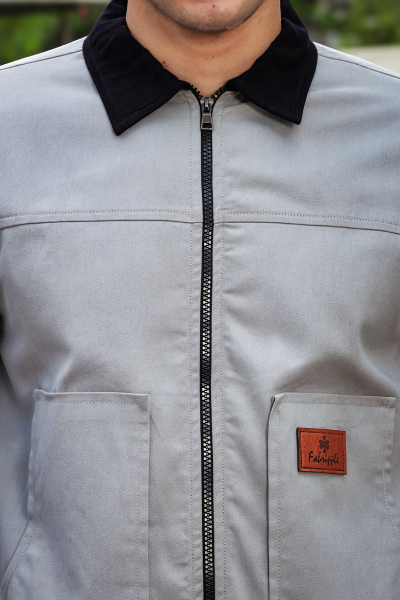 Men's Light Grey Full Sleeve Zip-Up Jacket Shirt – Black Contrast Collar