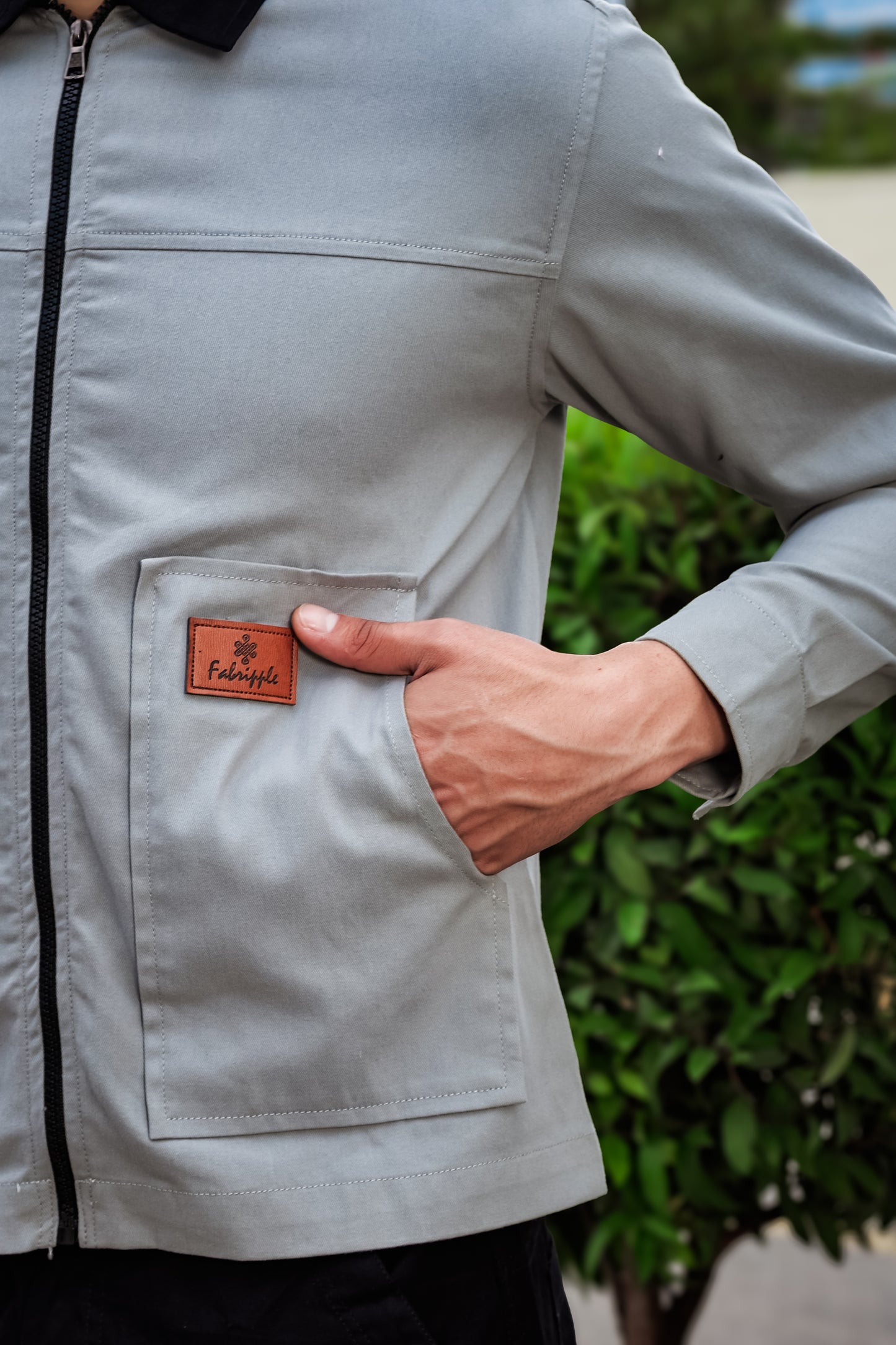 Men's Light Grey Full Sleeve Zip-Up Jacket Shirt – Black Contrast Collar