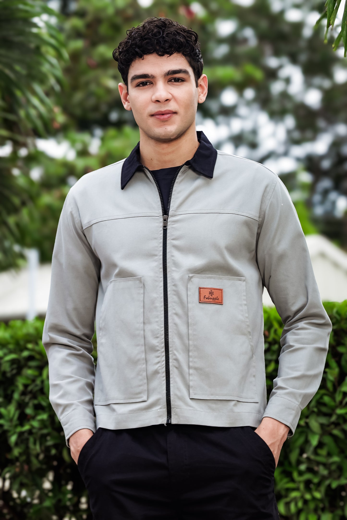 Men's Black Full Sleeve Zip-Up Jacket Shirt – Contrast Grey Collar