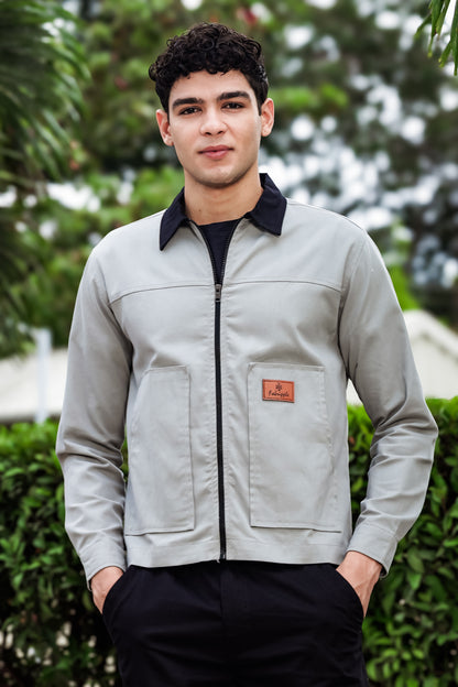 Men's Light Grey Full Sleeve Zip-Up Jacket Shirt – Black Contrast Collar