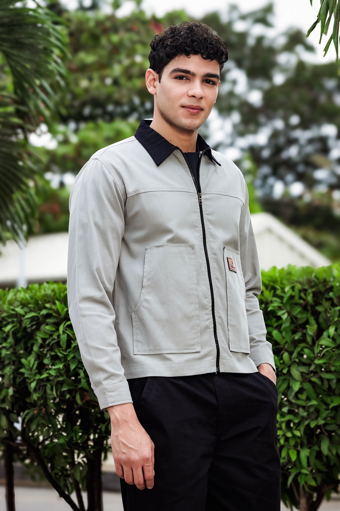 Men's Light Grey Full Sleeve Zip-Up Jacket Shirt – Black Contrast Collar