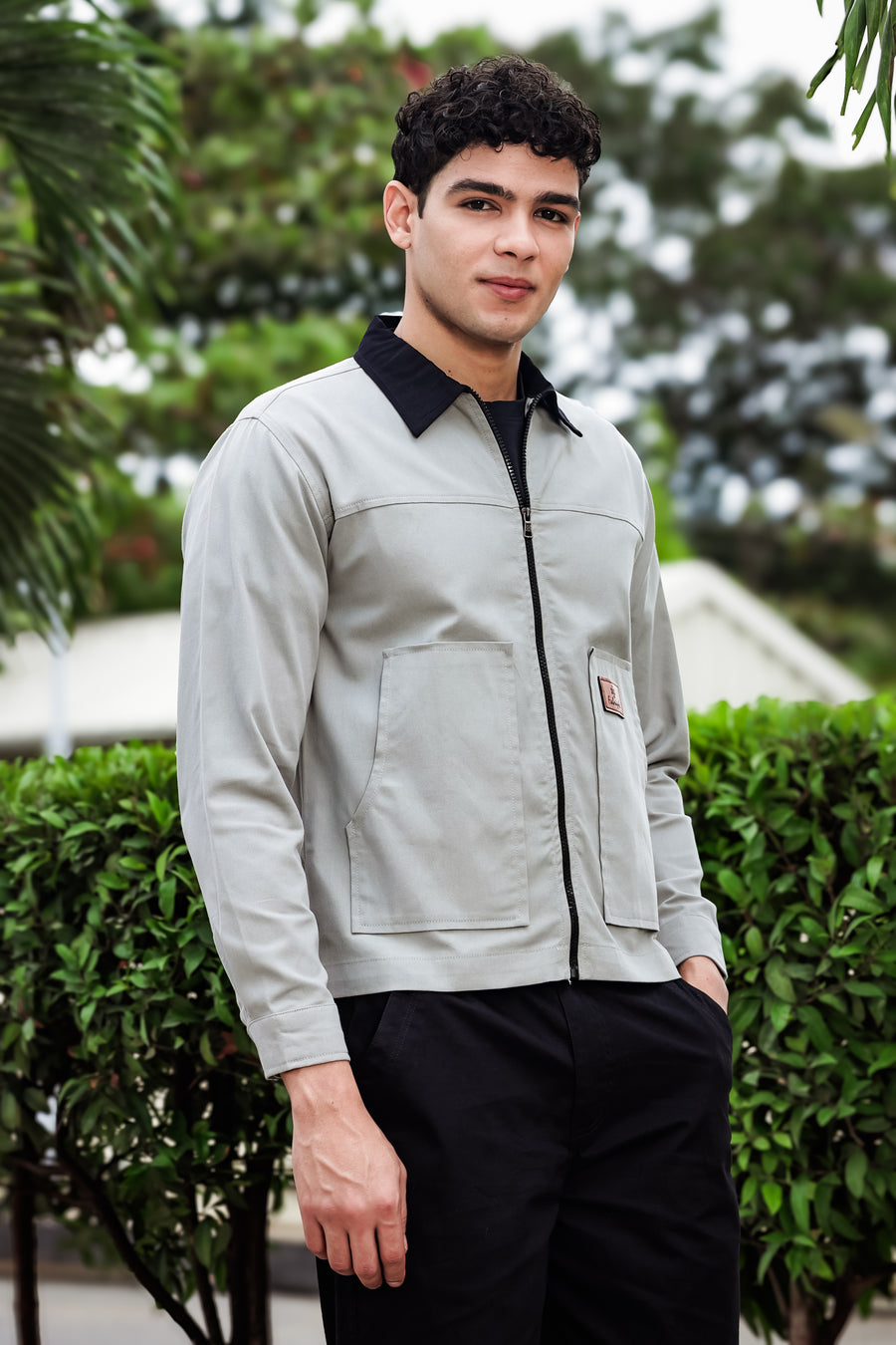 Men's Light Grey Full Sleeve Zip-Up Jacket Shirt – Black Contrast Collar