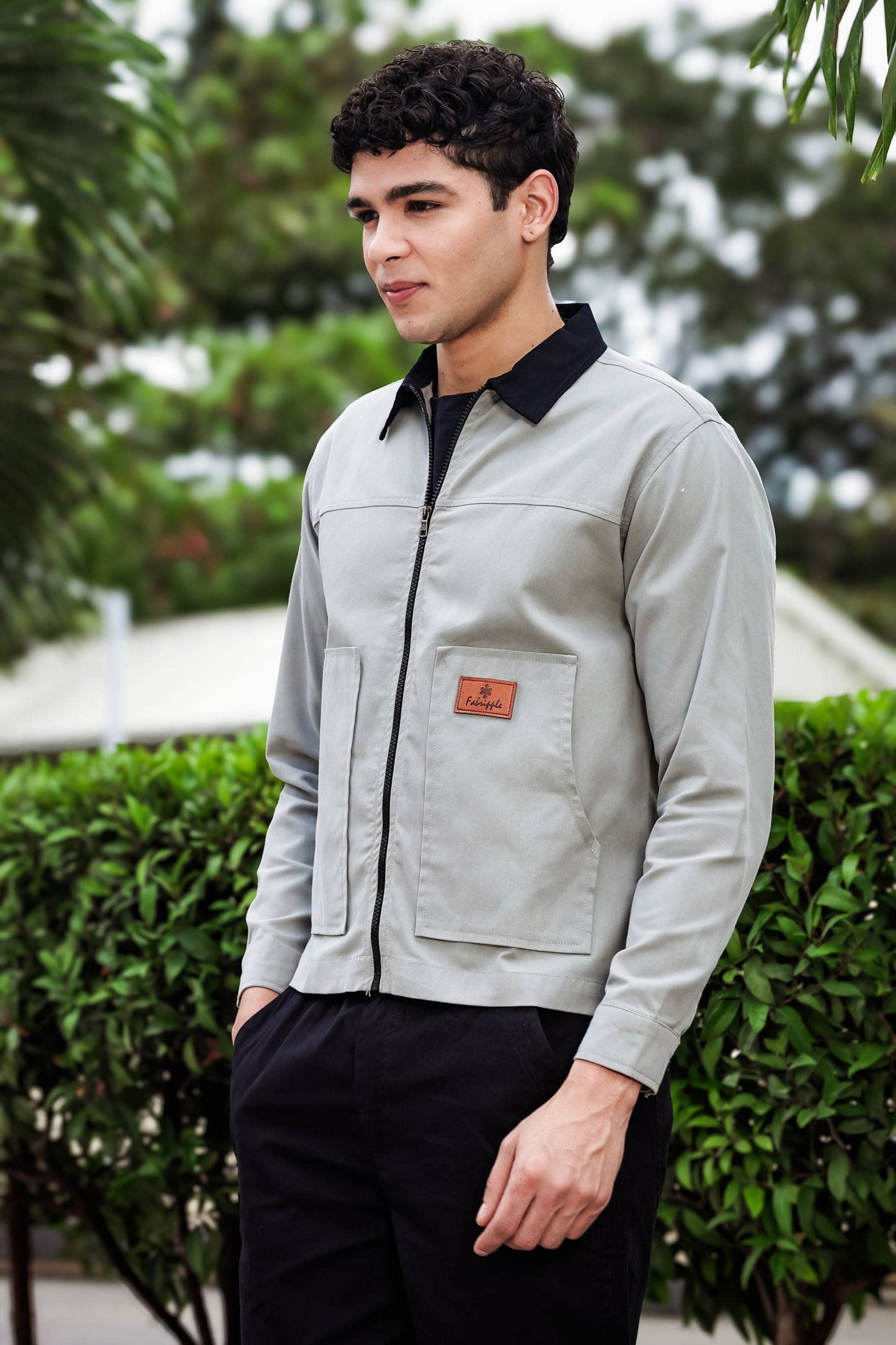 Men's Light Grey Full Sleeve Zip-Up Jacket Shirt – Black Contrast Collar