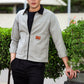 Men's Light Grey Full Sleeve Zip-Up Jacket Shirt – Black Contrast Collar