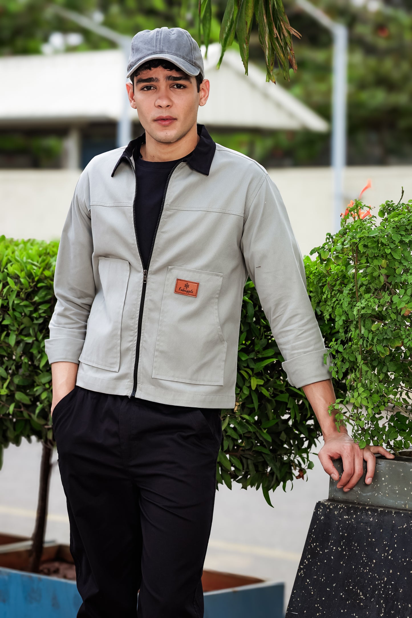 Men's Light Grey Full Sleeve Zip-Up Jacket Shirt – Black Contrast Collar