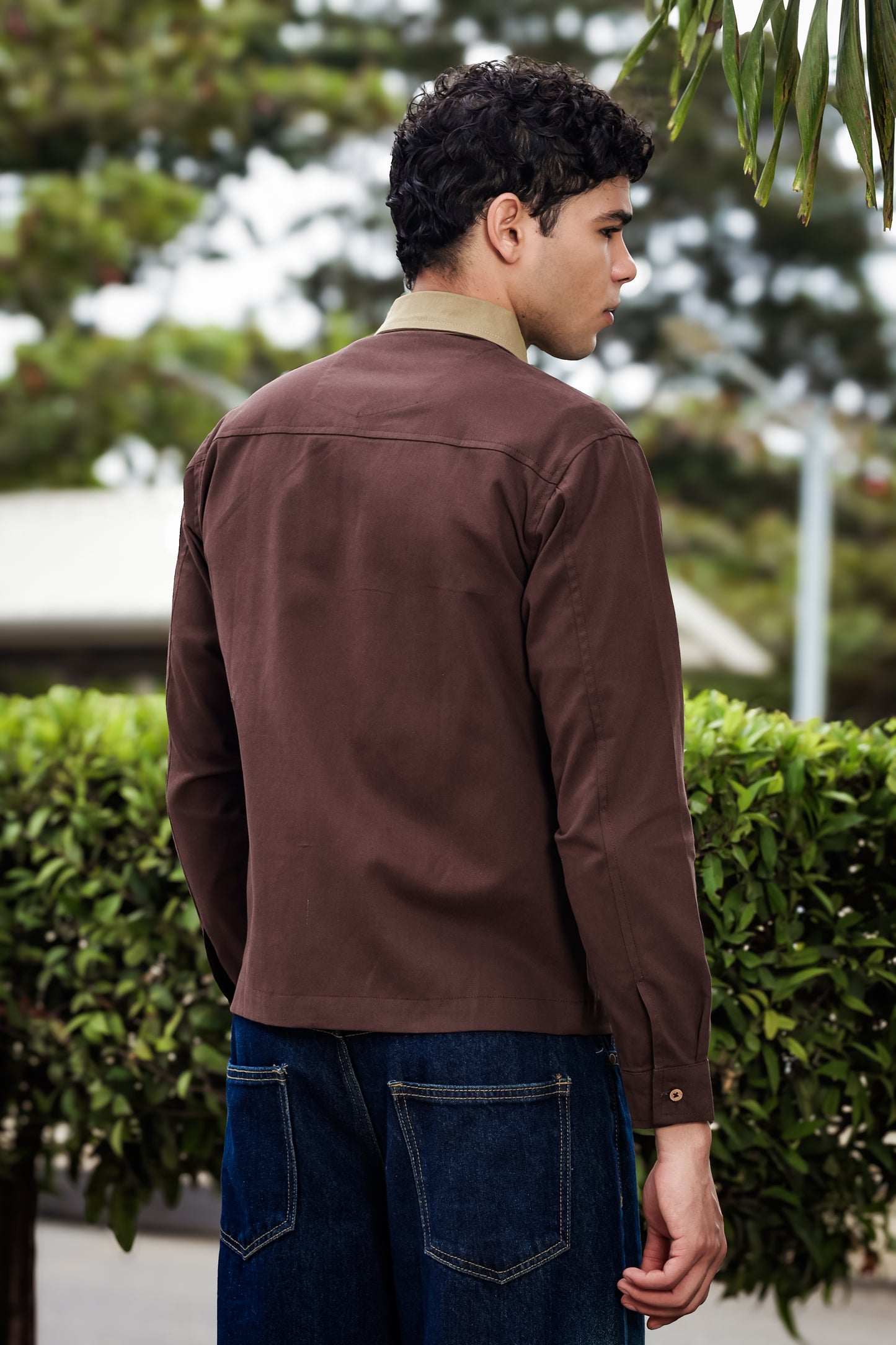 Men's Brown Full Sleeve Zip-Up Jacket Shirt – Contrast Khaki Collar