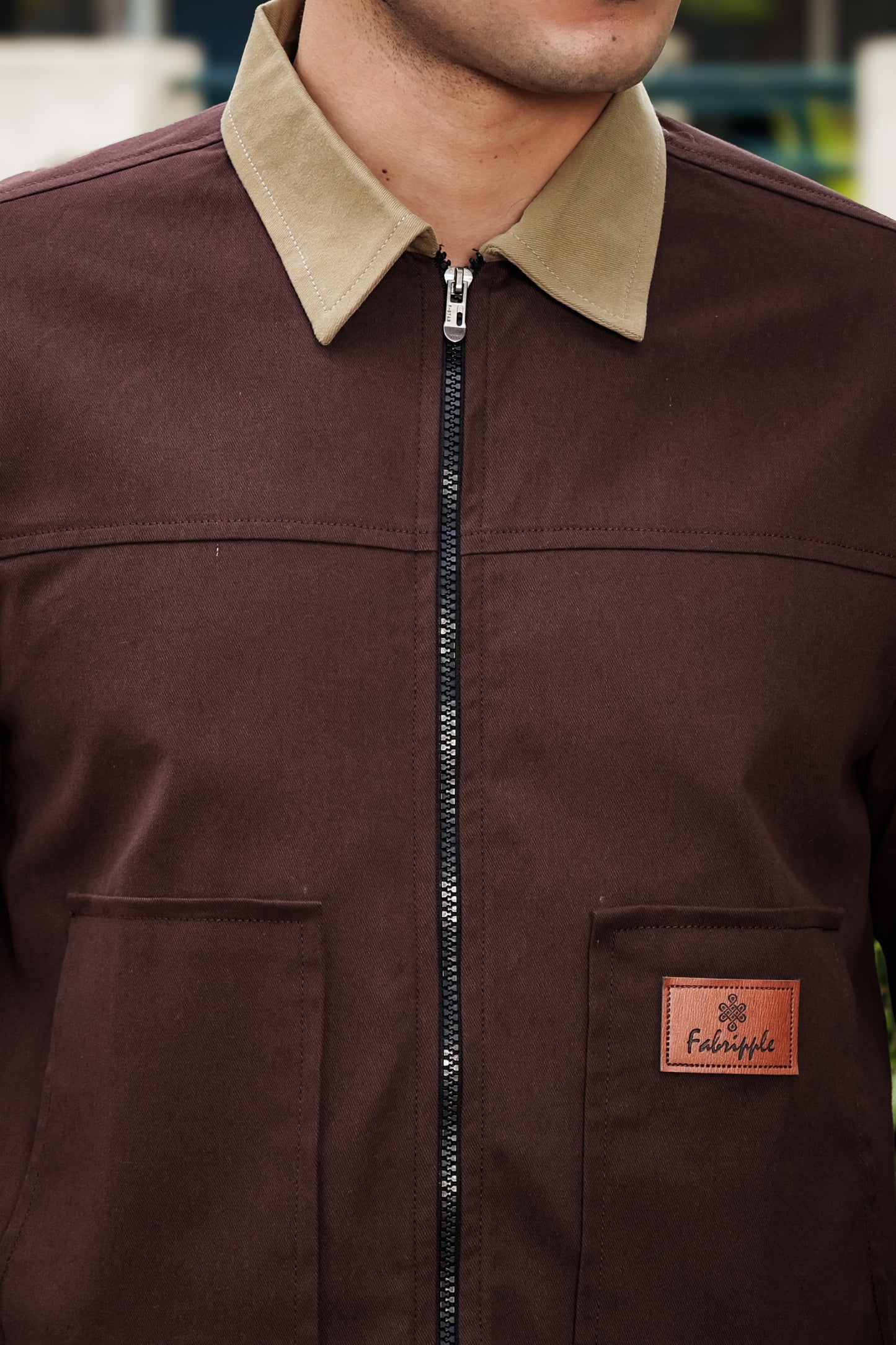 Men's Brown Full Sleeve Zip-Up Jacket Shirt – Contrast Khaki Collar