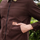 Men's Brown Full Sleeve Zip-Up Jacket Shirt – Contrast Khaki Collar