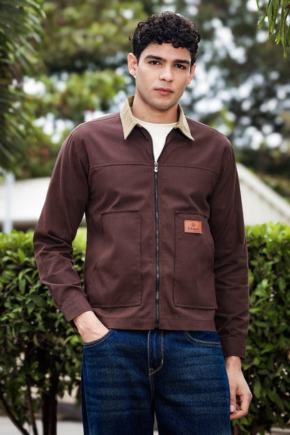 Men's Brown Full Sleeve Zip-Up Jacket Shirt – Contrast Khaki Collar