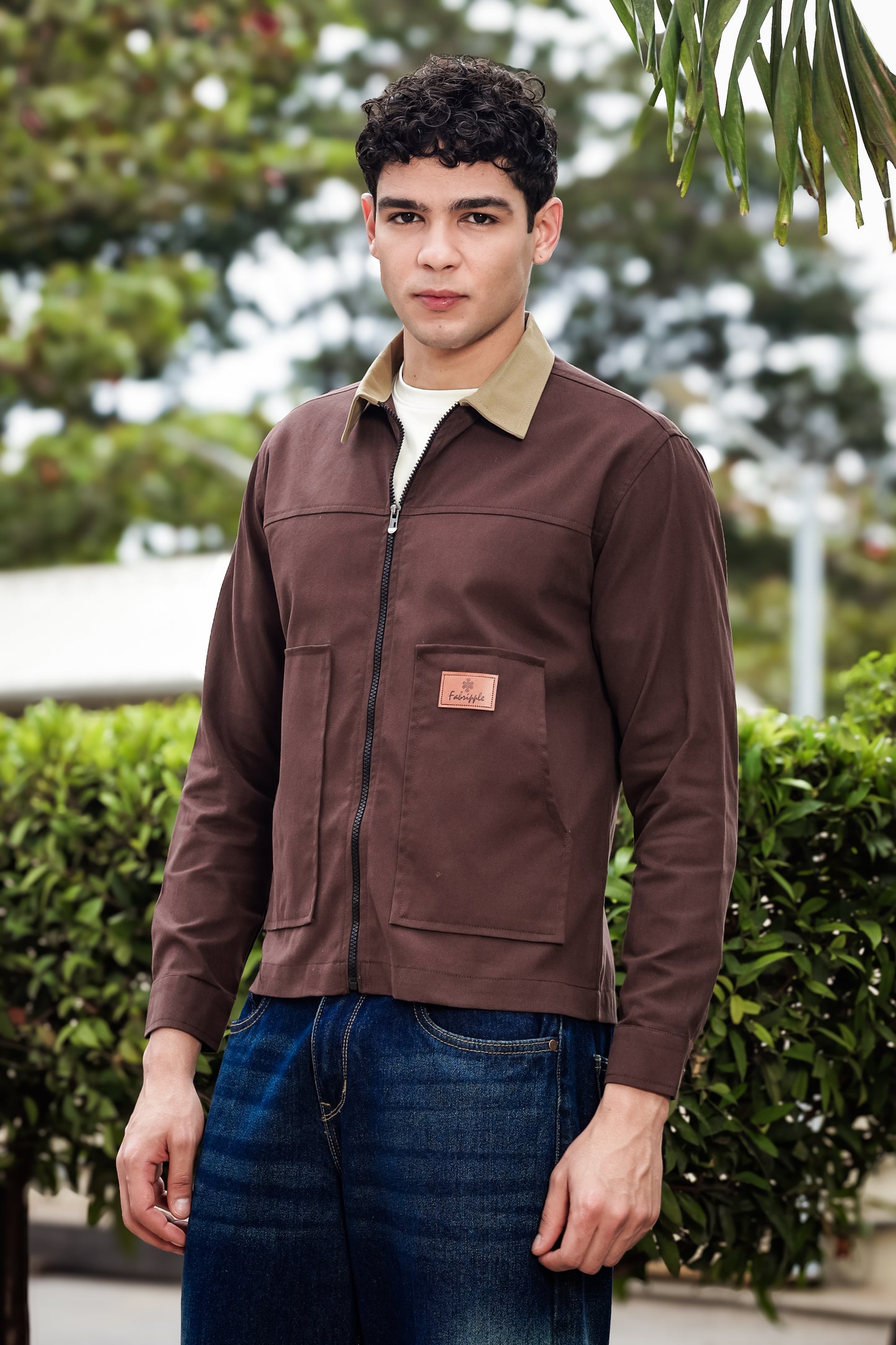 Men's Brown Full Sleeve Zip-Up Jacket Shirt – Contrast Khaki Collar