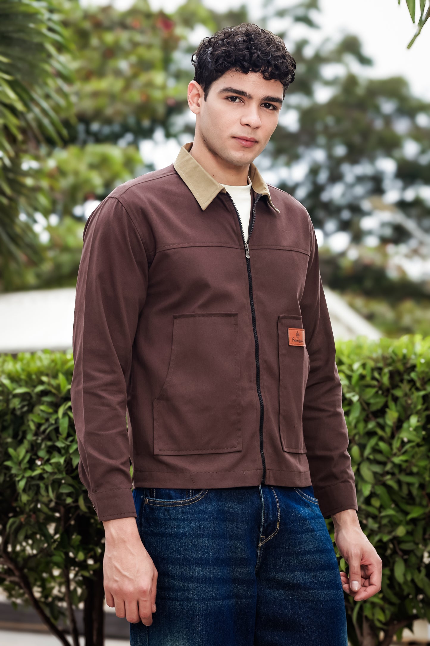 Men's Brown Full Sleeve Zip-Up Jacket Shirt – Contrast Khaki Collar