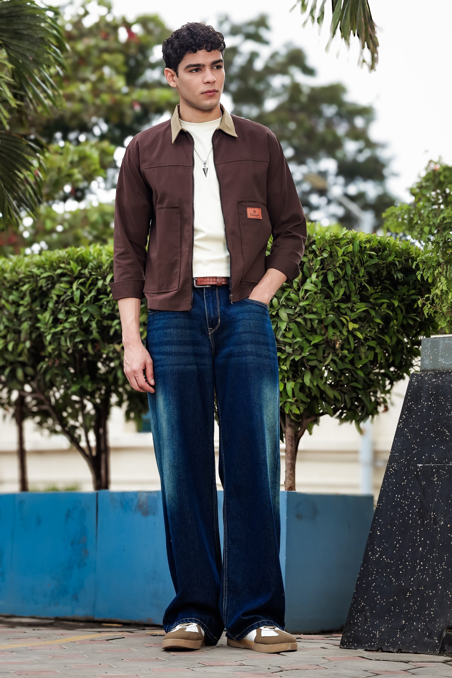 Men's Brown Full Sleeve Zip-Up Jacket Shirt – Contrast Khaki Collar
