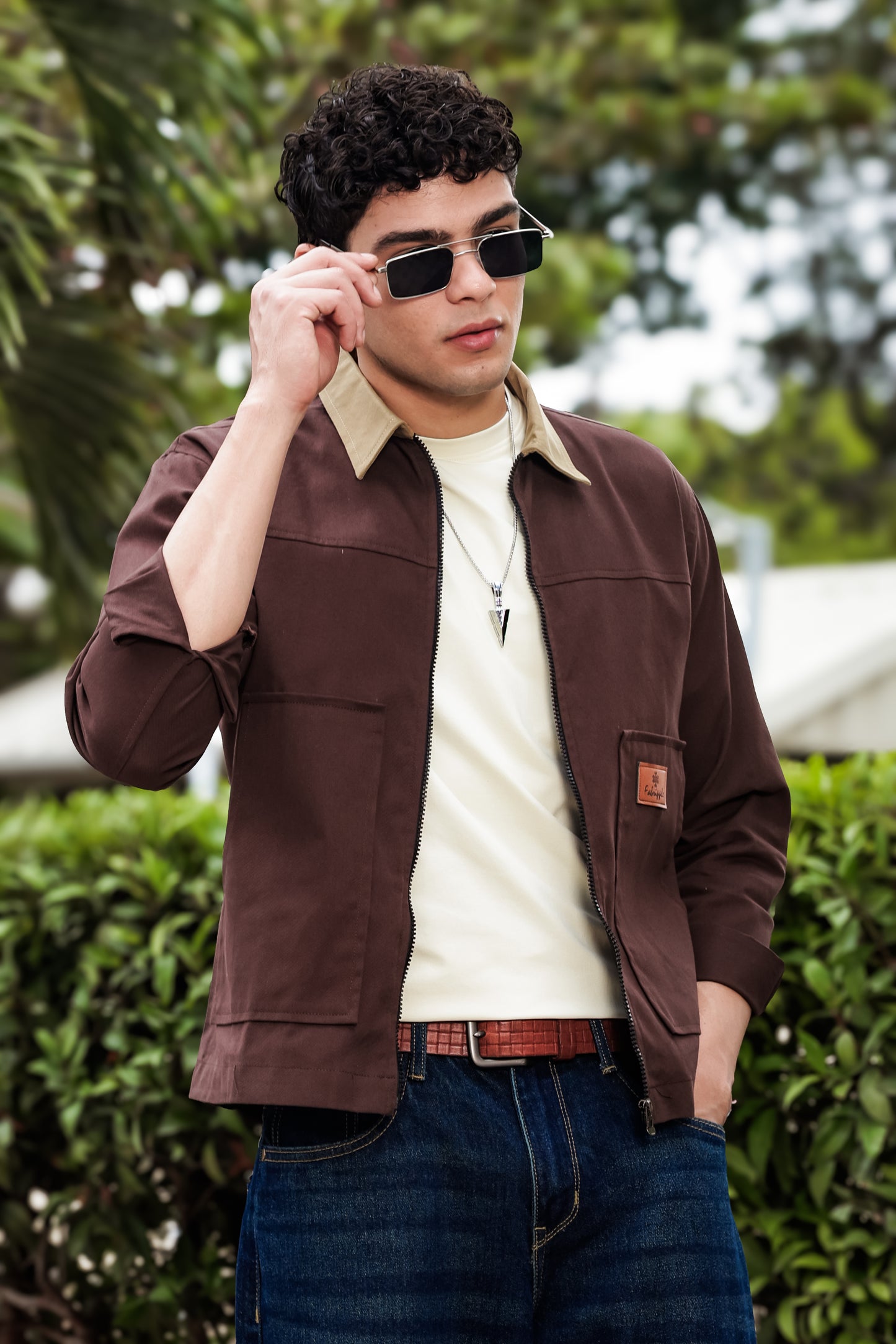 Men's Brown Full Sleeve Zip-Up Jacket Shirt – Contrast Khaki Collar