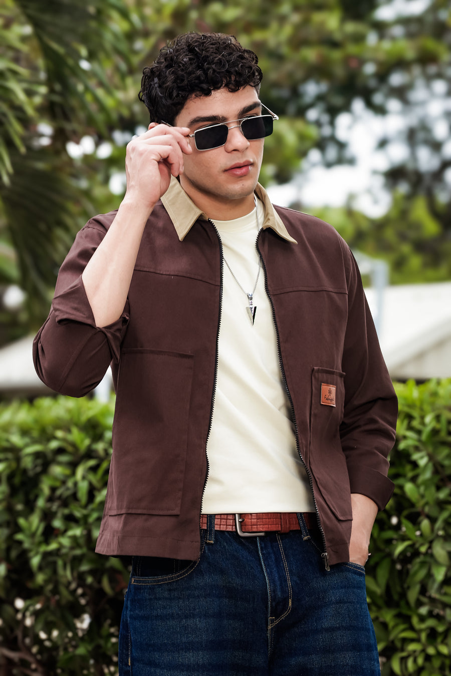 Men's Brown Full Sleeve Zip-Up Jacket Shirt – Contrast Khaki Collar