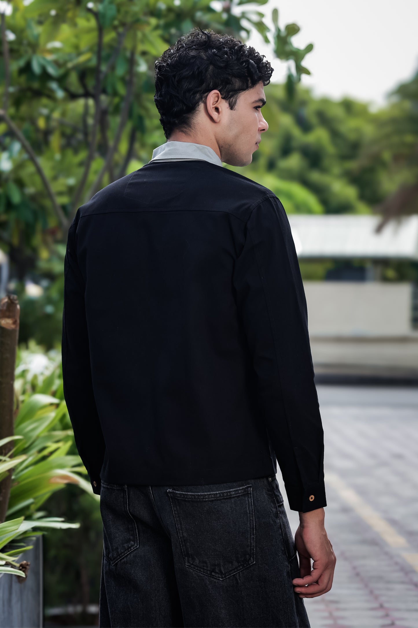 Men's Black Full Sleeve Zip-Up Jacket Shirt – Contrast Grey Collar