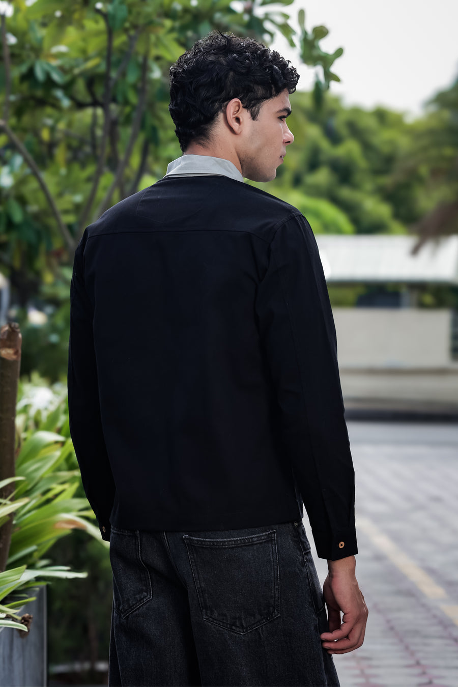 Men's Black Full Sleeve Zip-Up Jacket Shirt – Contrast Grey Collar