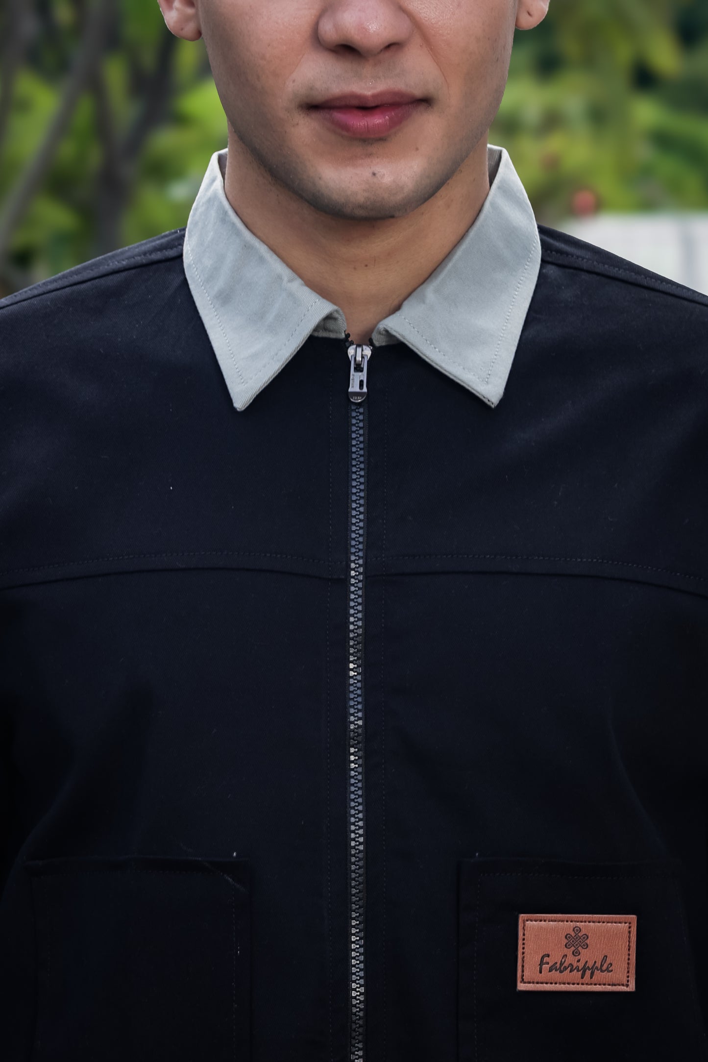 Men's Black Full Sleeve Zip-Up Jacket Shirt – Contrast Grey Collar