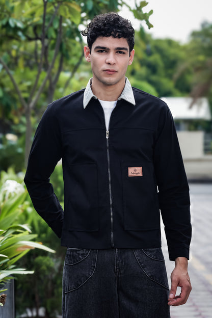 Men's Black Full Sleeve Zip-Up Jacket Shirt – Contrast Grey Collar